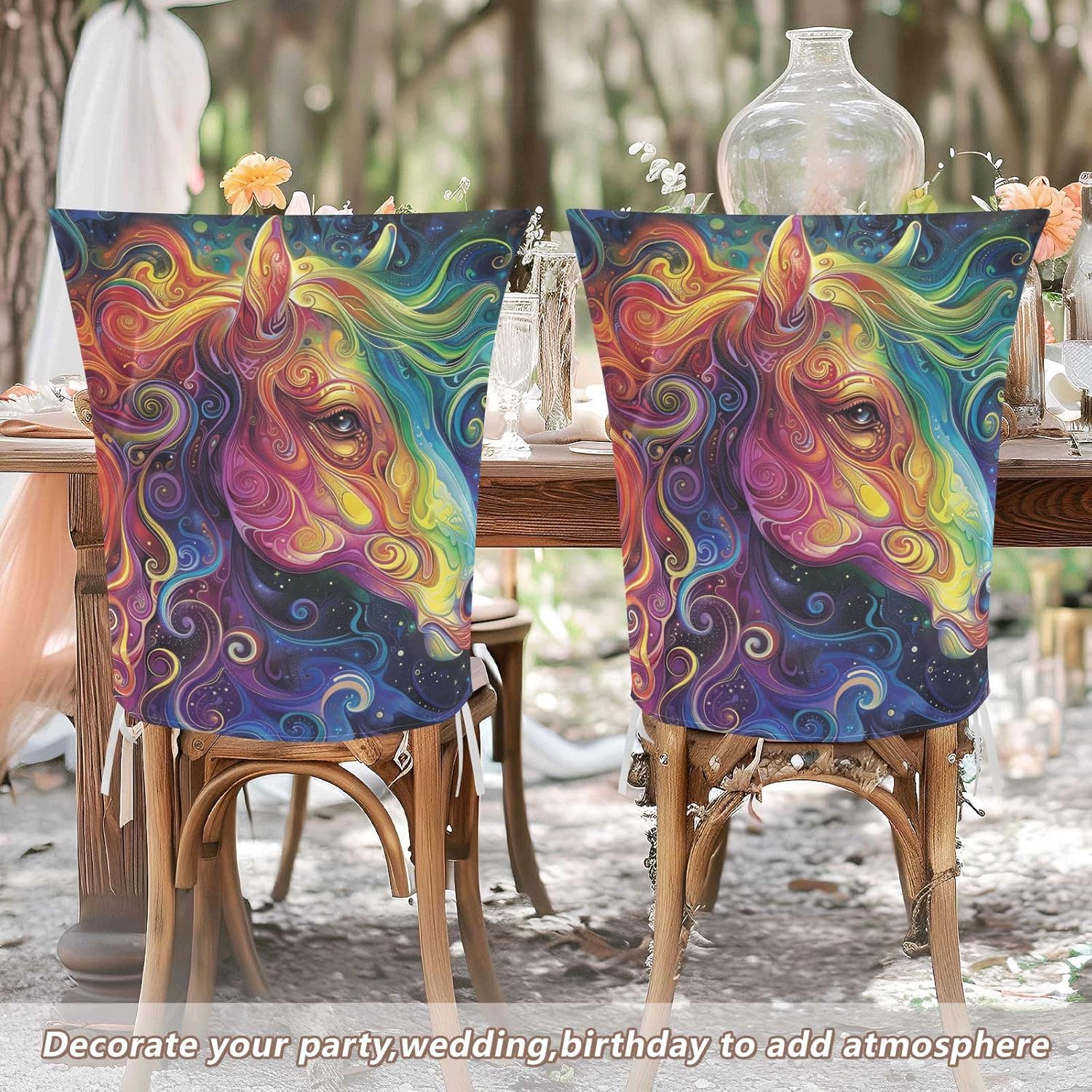 ALAZA Rainbow Horse Chair Back Cover Set of 6, Washable Reusable Removable Chair Slipcovers Decorative Chair Cover for Home Kitchen Wedding Party
