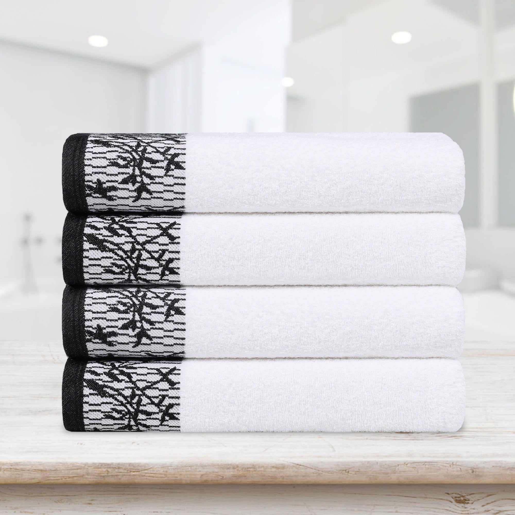 Superior Cotton Bath Towels, Set of 4, Floral Jacquard Dobby Border, Body Towel for Bathroom, Guest Bath, Resort, Hotel, Airbnb, Home Essentials,