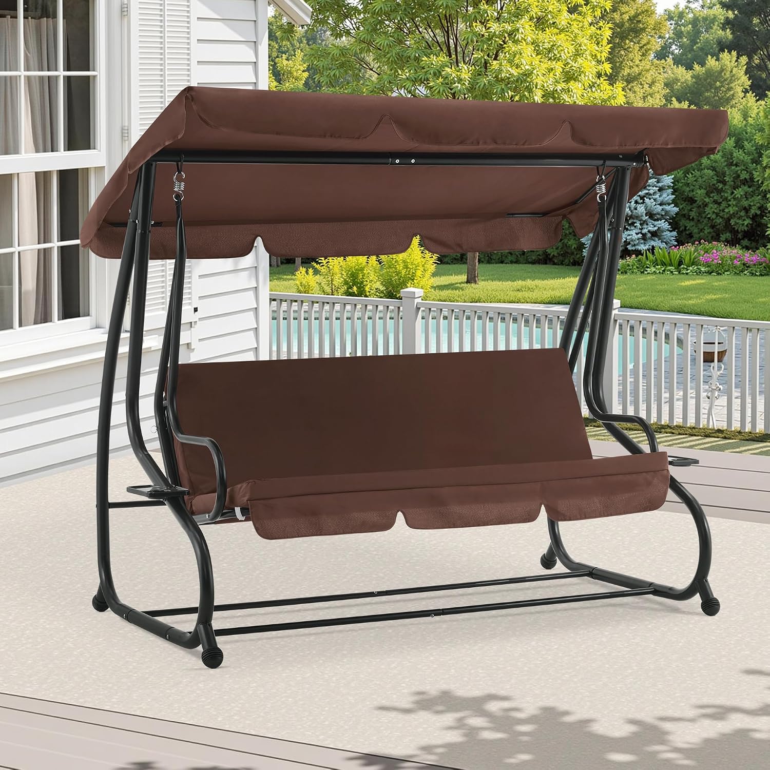 MCombo 3 Seat Patio Swing Chair, Outdoor Swing with Adjustable Canopy, Weather Resistant Steel Frame, Porch Swing Sets for Backyard, Poolside, Balcony, 4090 (Brown)