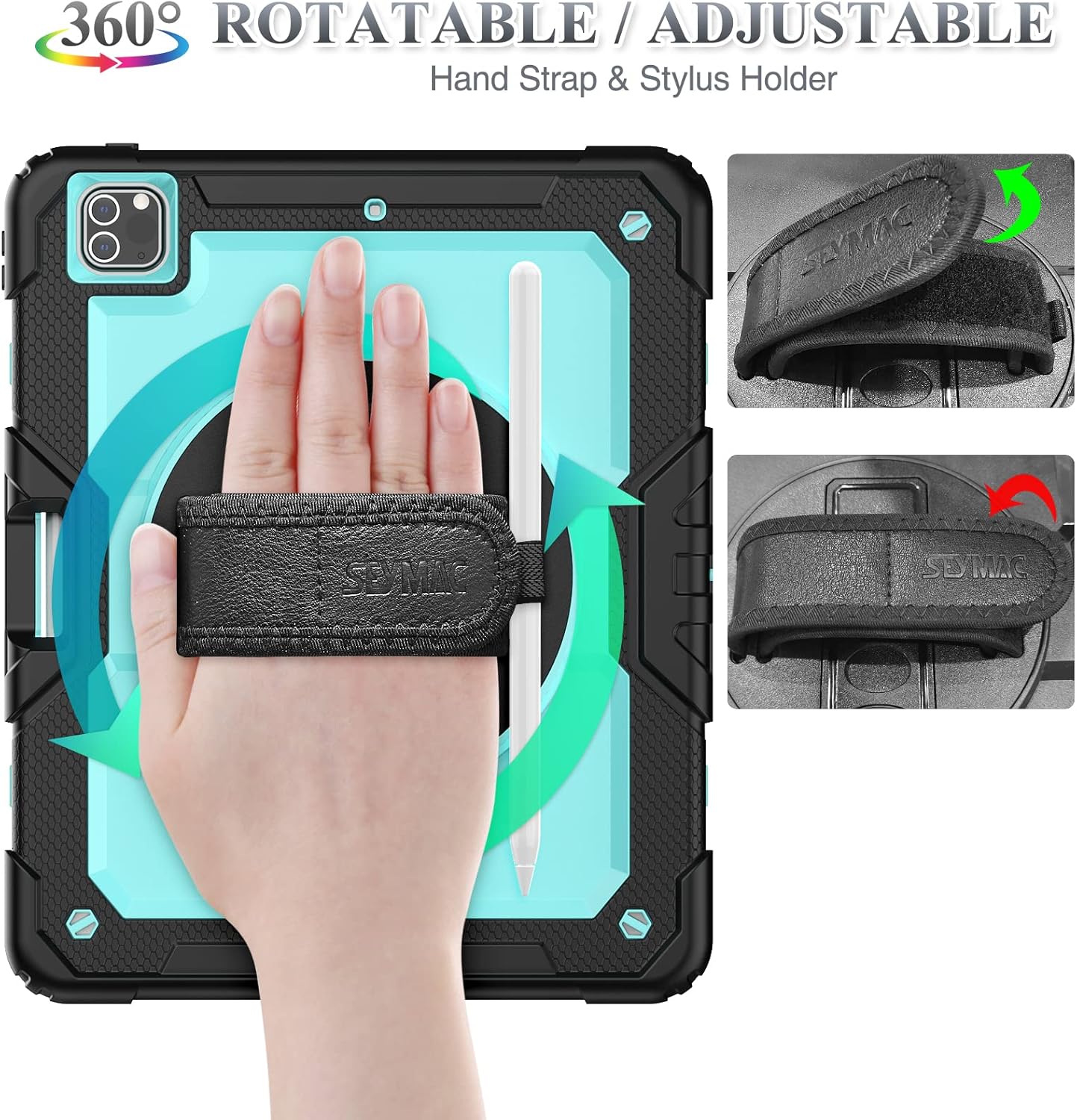 SEYMAC stock Case for iPad Pro 12.9'' 2022/2021/2020/2018 with Screen Protector 360 Rotating Stand Hand Strap, Drop-Proof Case for iPad Pro 12.9''(6th/5th/4th/3rd Generation), SkyBlue/Black