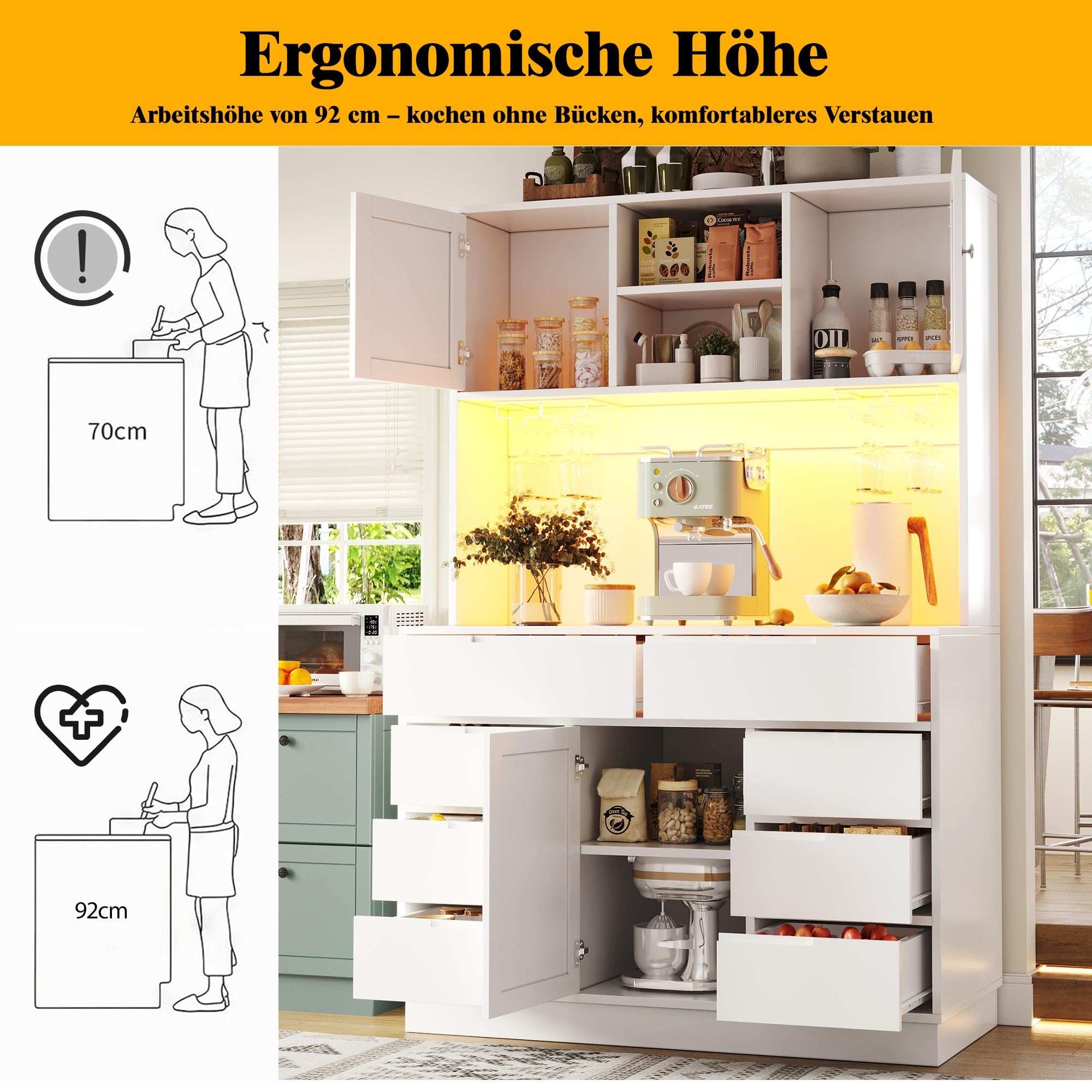 Hochschrank, Küchenschrank mit Smart LED Beleuchtung, Hochschränke fürs Wohnzimmer, 8 Schubladen, Magnetverschluss, Höhenverstellbaren Böden, 120 ×40×183.5cm, Weiß