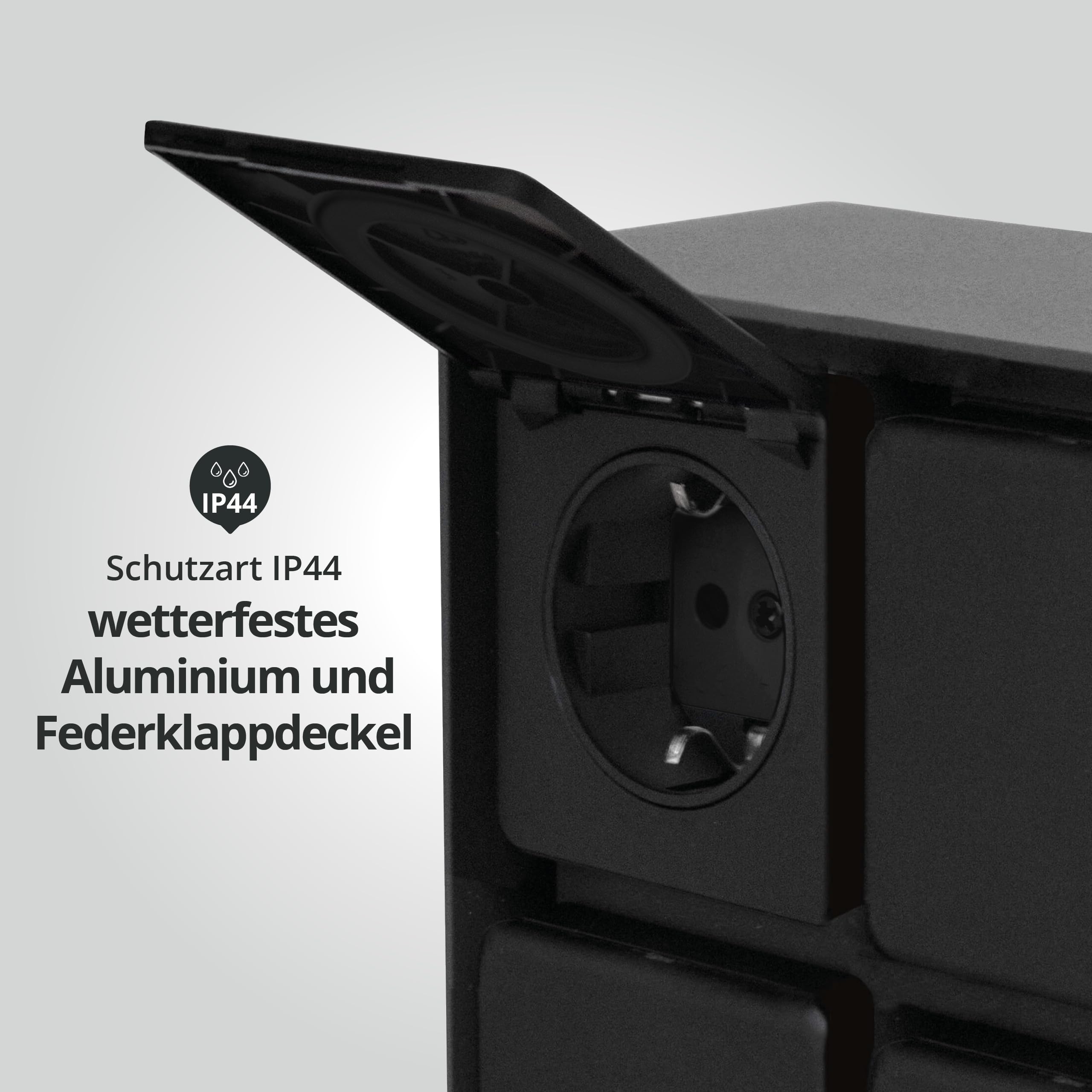 LED Universum - Buitenstopcontact ADAM, koraal met zwarte afdekkingen, 4 sleuven, aluminium gepoedercoat, vast bedraad voor het aansluiten van tuingereedschap of verlichting, max. 3680 W