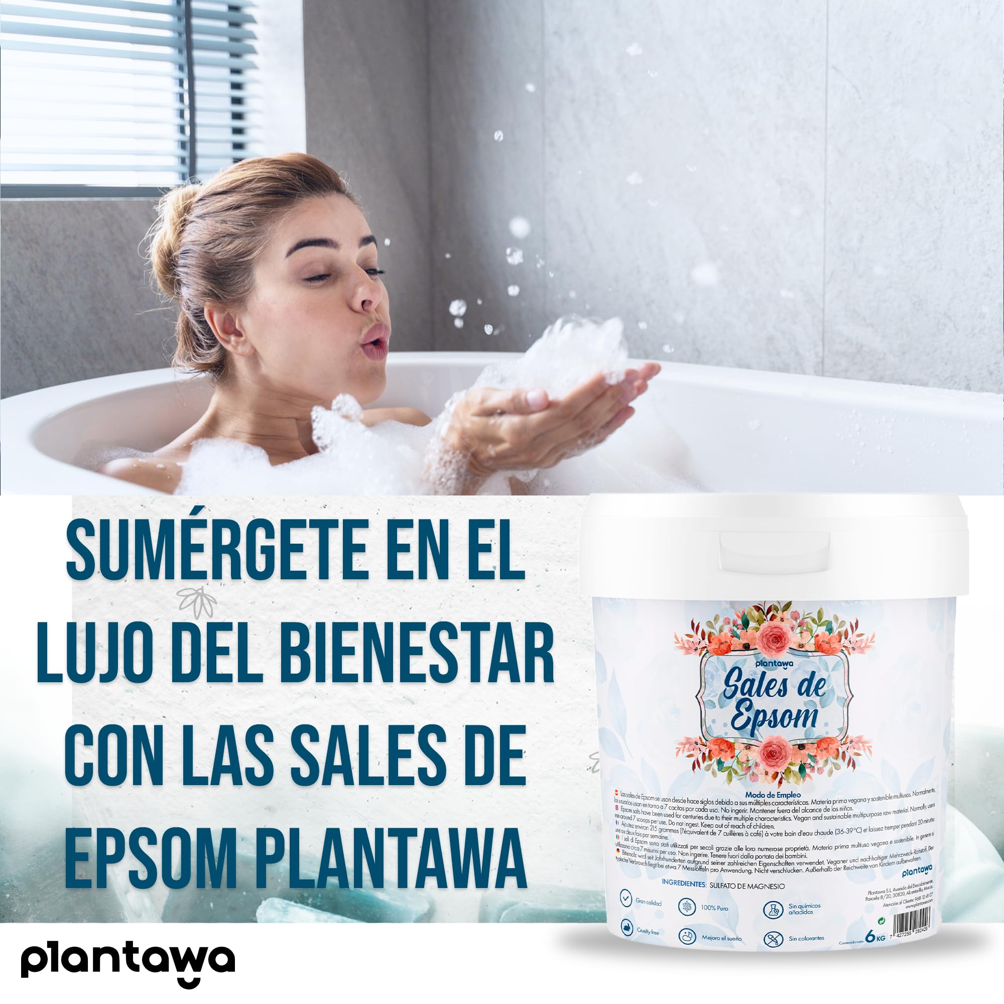 Plantawa Sales de Epsom 6KG Sal de Baño Concentrado de Magnesio Puro Sin Toxinas 100% Natural Cuidado Personal