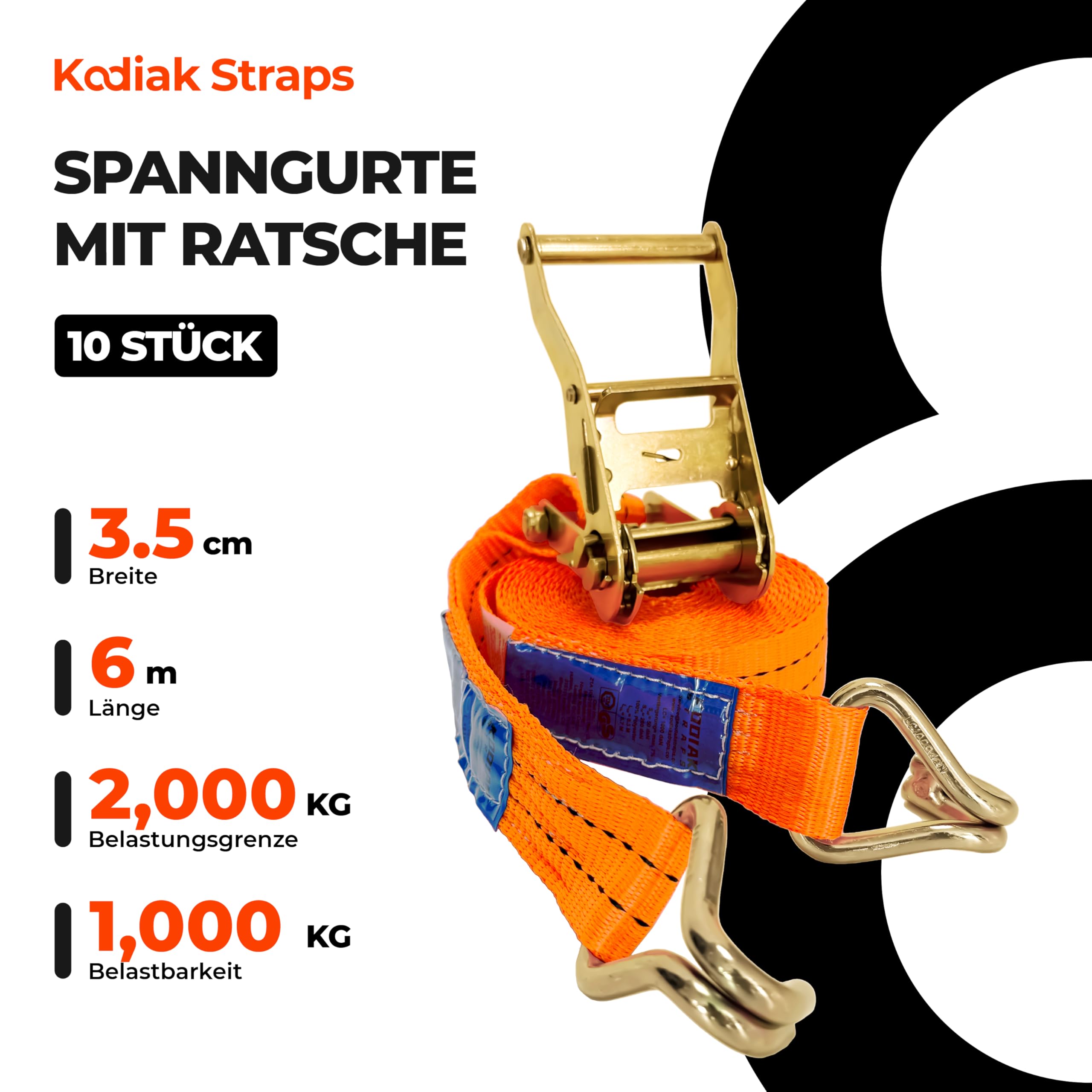 10 Sztuk Pasów Mocujących 6m x 2000kg z Grzechotką i Hakami - 35mm Pasy Transportowe z Zaciskiem - Pomarańczowy Pas Ściągający do Ładunku - Certyfikat TÜV/GS, zgodny z DIN EN 12195-2 - KODIAK STRAPS
