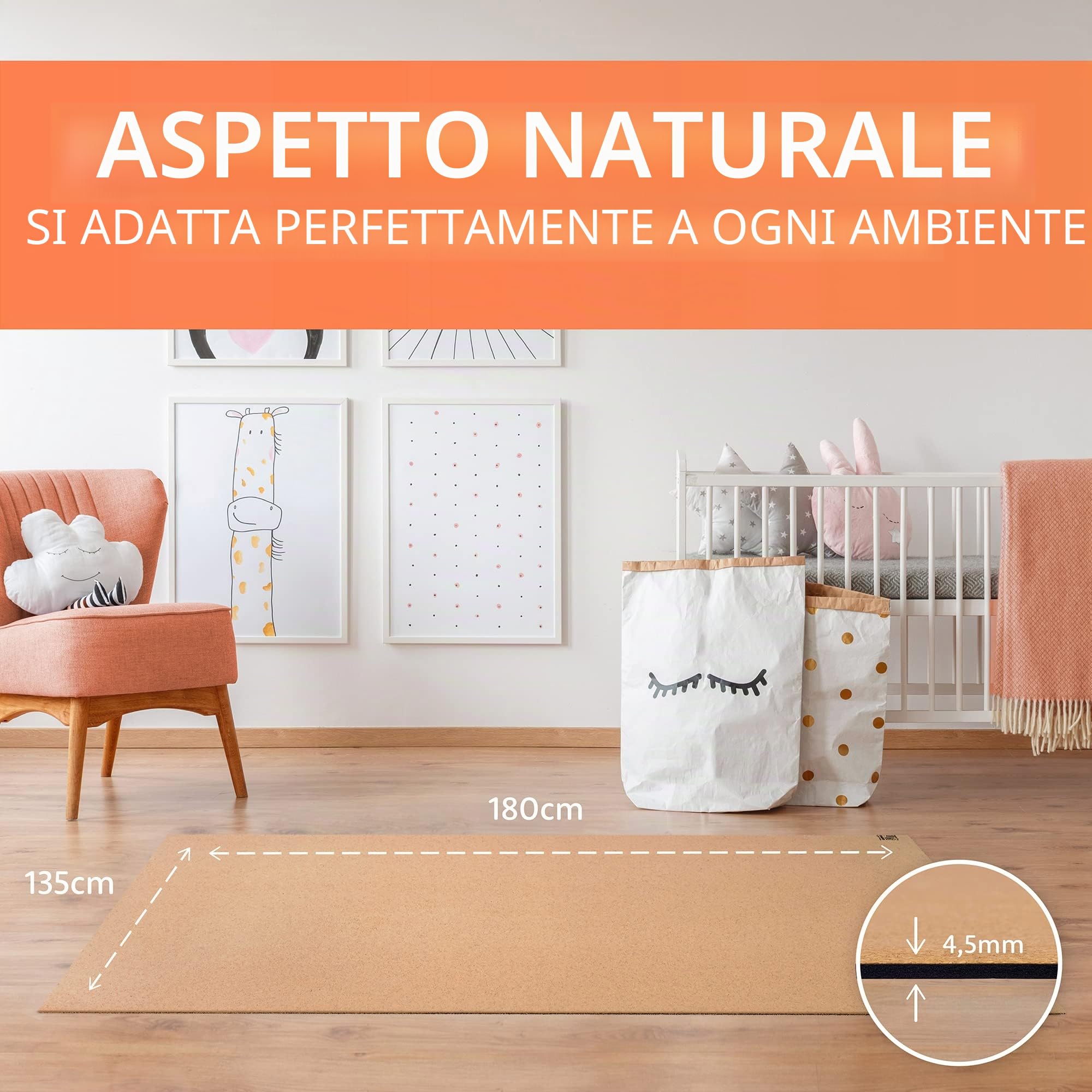 Tappeto per gattonare Famifidus senza sostanze inquinanti - tappeto da gioco per bambini in sughero e gomma naturale - 180 x 135 cm - tappetino con spessore di 4,5 mm