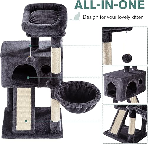 Miniatura 4 de IMUsee Árbol para gatos de 36 pulgadas con postes rascadores de sisal, tabla de rascar, bola de felpa y casa media, muebles de torre para gatos,