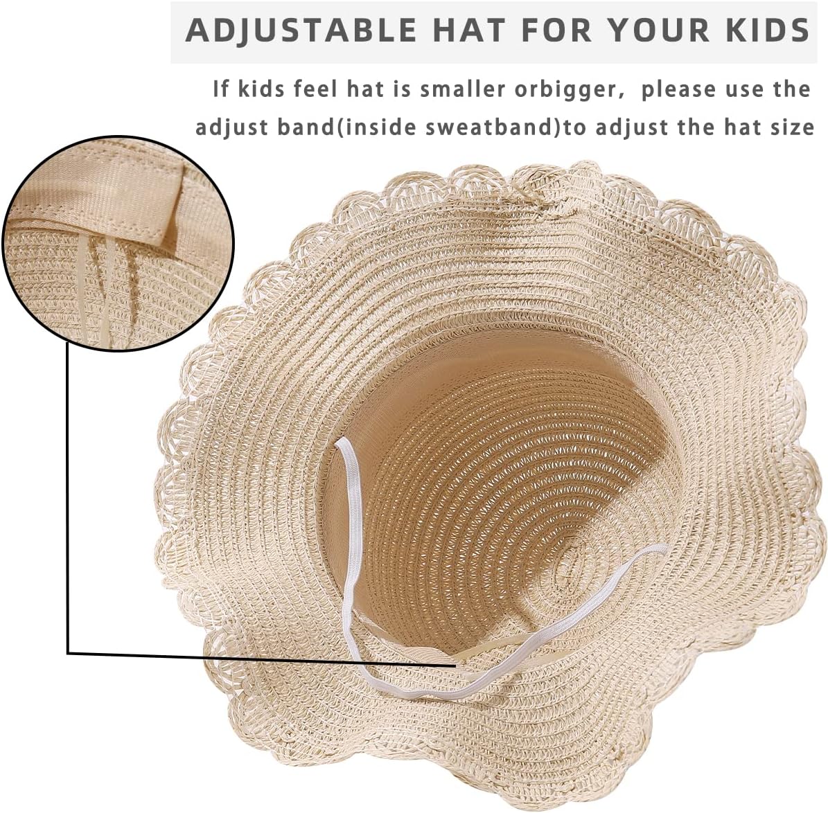 Toddler Girls Straw Beach Hat, 2‑5Y Kids Wide Brim UV Protection Foldable Wave Ruffled Summer Sun Hat