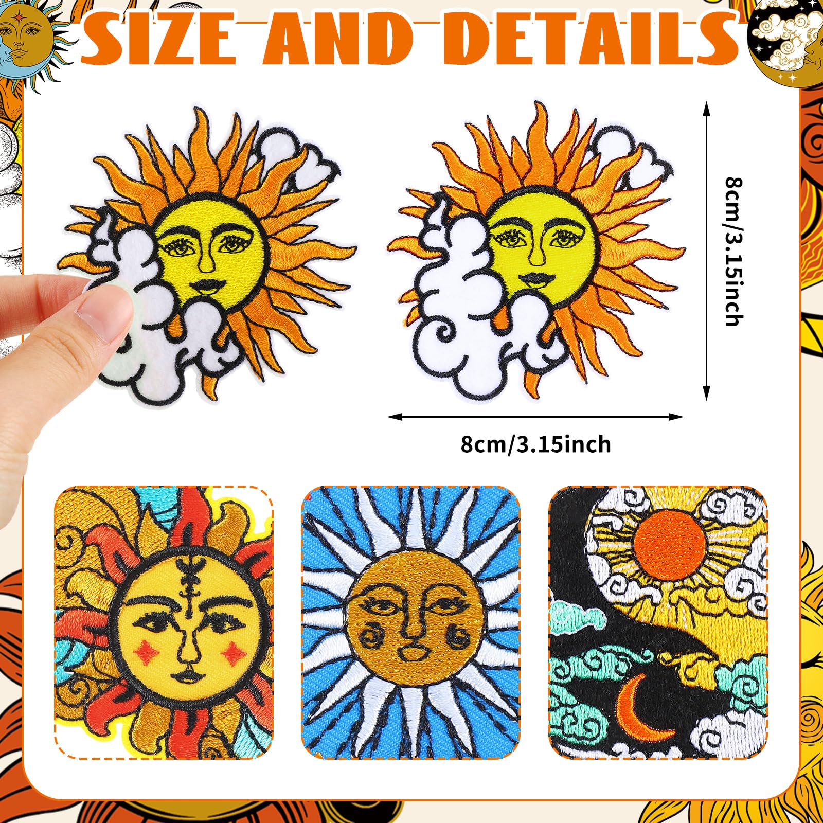 Tigeen Chenille-Flicken zum Aufbügeln, für Hüte, Kleidung, niedliches Reparaturflicken zum Aufnähen, DIY-Zubehör für Rucksack, Hosen, Jeans (Sonne und Mond), 48 Stück