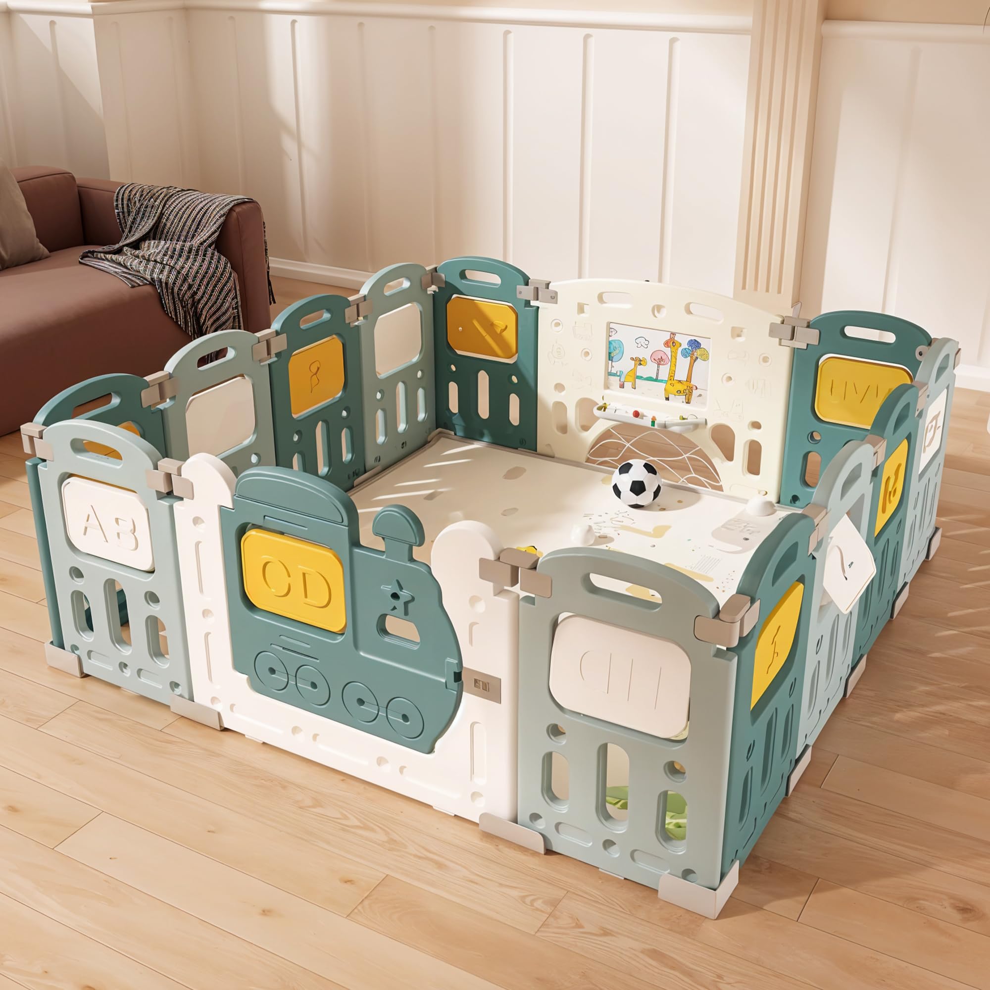 Baybee Train Kids Playpen for Babies | Foldable Baby Play Area Indoor Setup with Safety Lock, Writing Board & Double Knob | Portable Baby Activity Playards for Toddlers | Outdoor Play Pen for Kids for 0-5 Years (16 Panels)-image-41