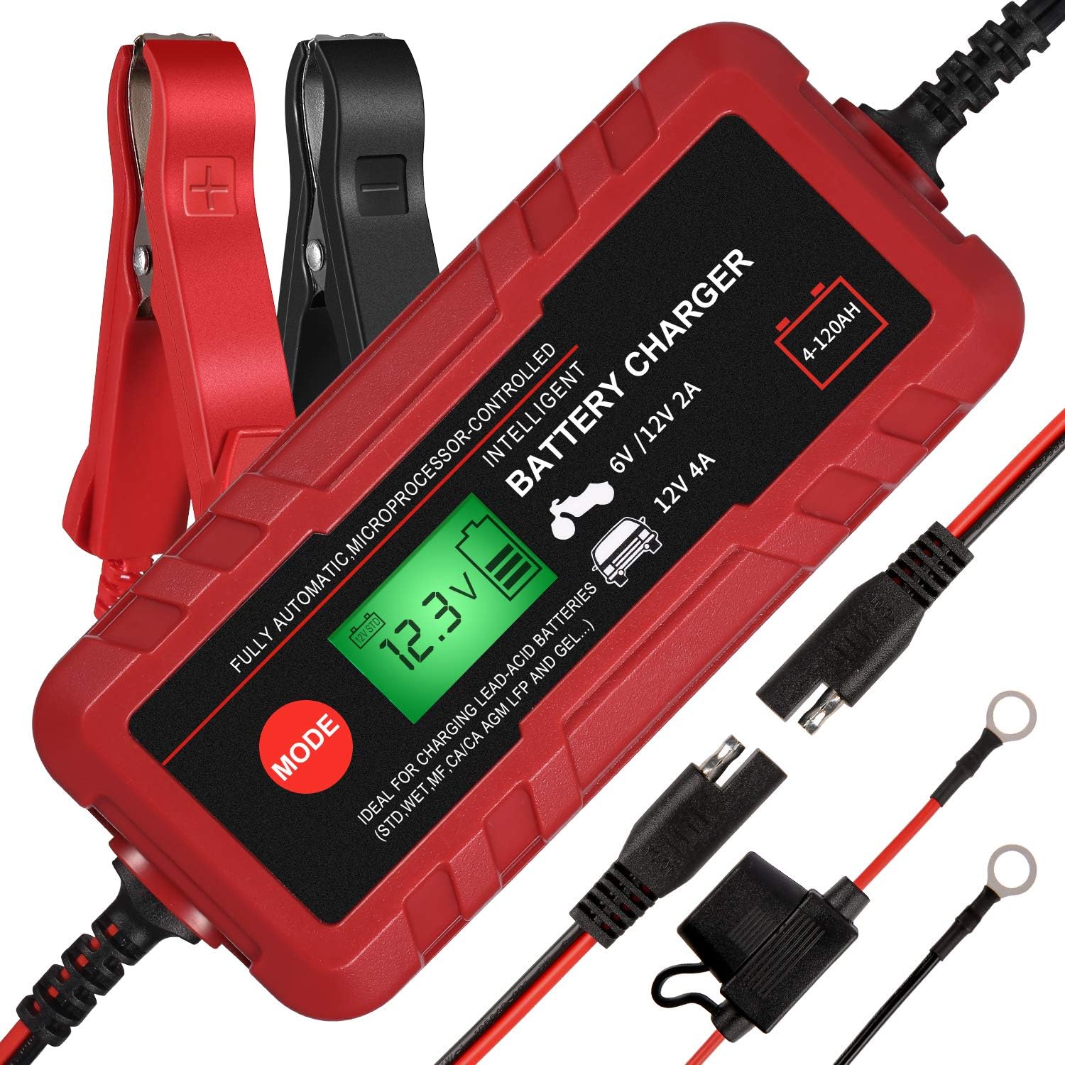 4A Smart Car Battery Charger, 6V 12V Automotive Charger Maintainer Fully Automatic 8-Stages Trickle Charger for Automotive Motorcycle Car Battery, Portable 4A Smart Car Battery Charger 6V 12V