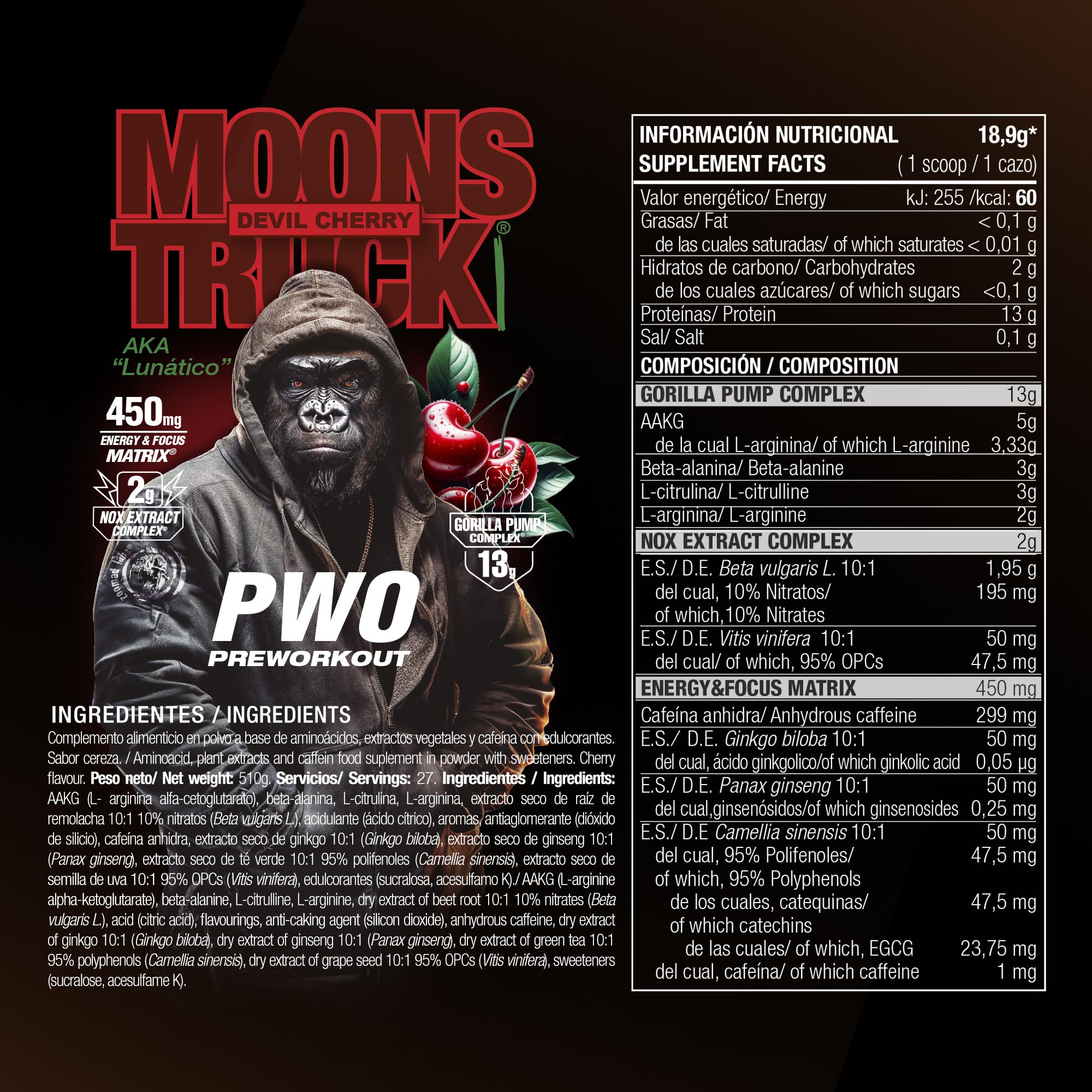 Zoomad Labs Moonstruck II Pre Workout 510 g — Pre Workout Potente Citrullina Beta Alanina AAKG · Gorilla Pump 13 g · Nitrati Barbabietola · 299 mg Caffeina · 27 Porzioni