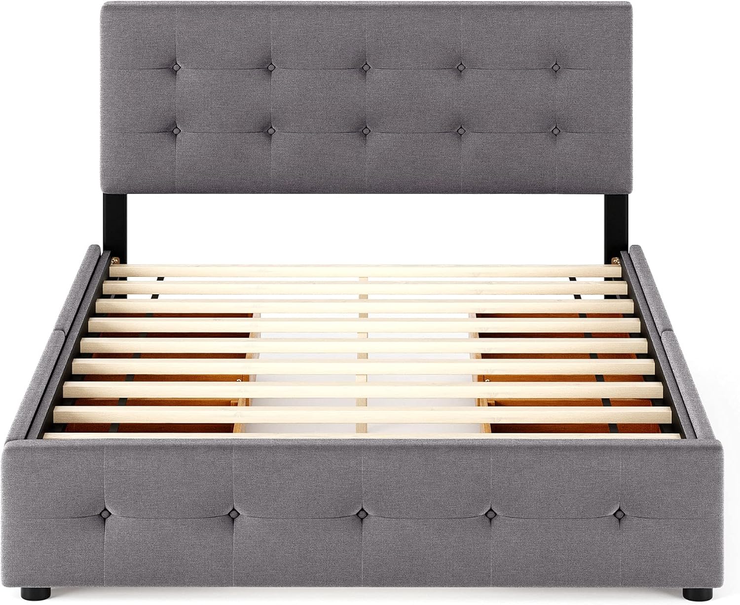 Upholstered Platform Bed, Queen Size Button Tufted Platform Bed Frame with 4 Drawers and Headboard,Wood Slat Support, No Box Spring Needed (Light Gray+Drawers)