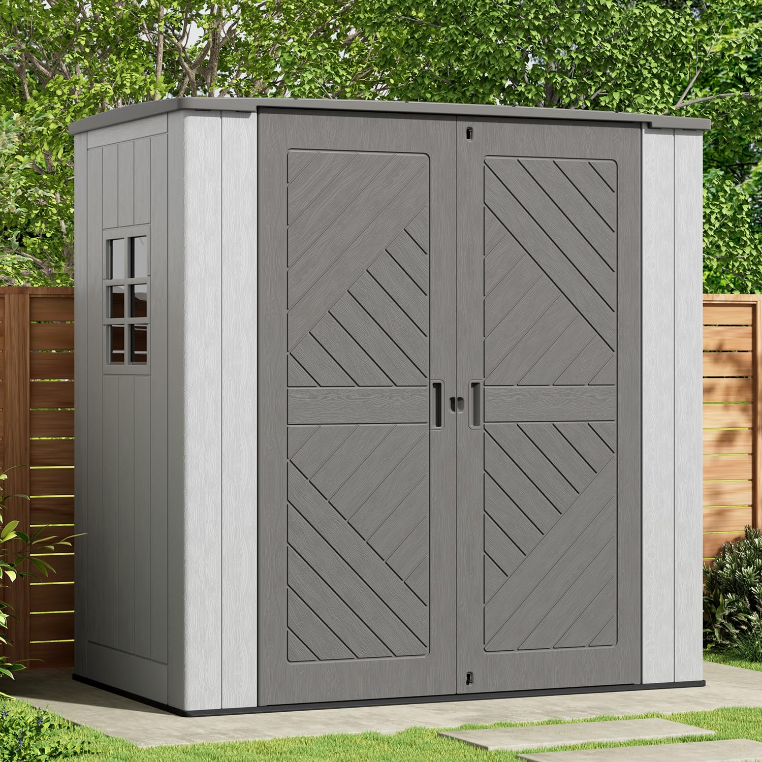 KINYING 6x4 FT Vertical Outdoor Storage Shed,Resin Clearance Outdoor Sheds with Floor,Garden Tool Shed for Lawn Mower/Bike Storage/Trash Cans/Pool Supplies,Lockable