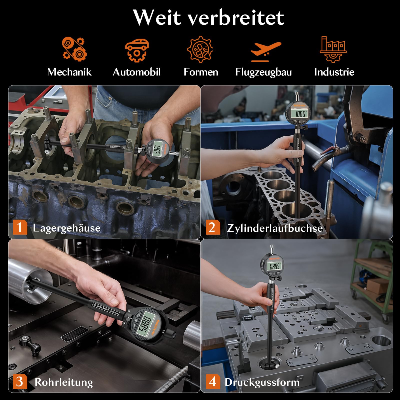 Digital Bohrungslehre Messuhr Set 50-160 mm, Innendurchmesser Messuhr Präzision 0,01 mm Zylinder Messuhr Metrisch/Zoll Anzeige mit 12 Messspitzen für Formabweichungen