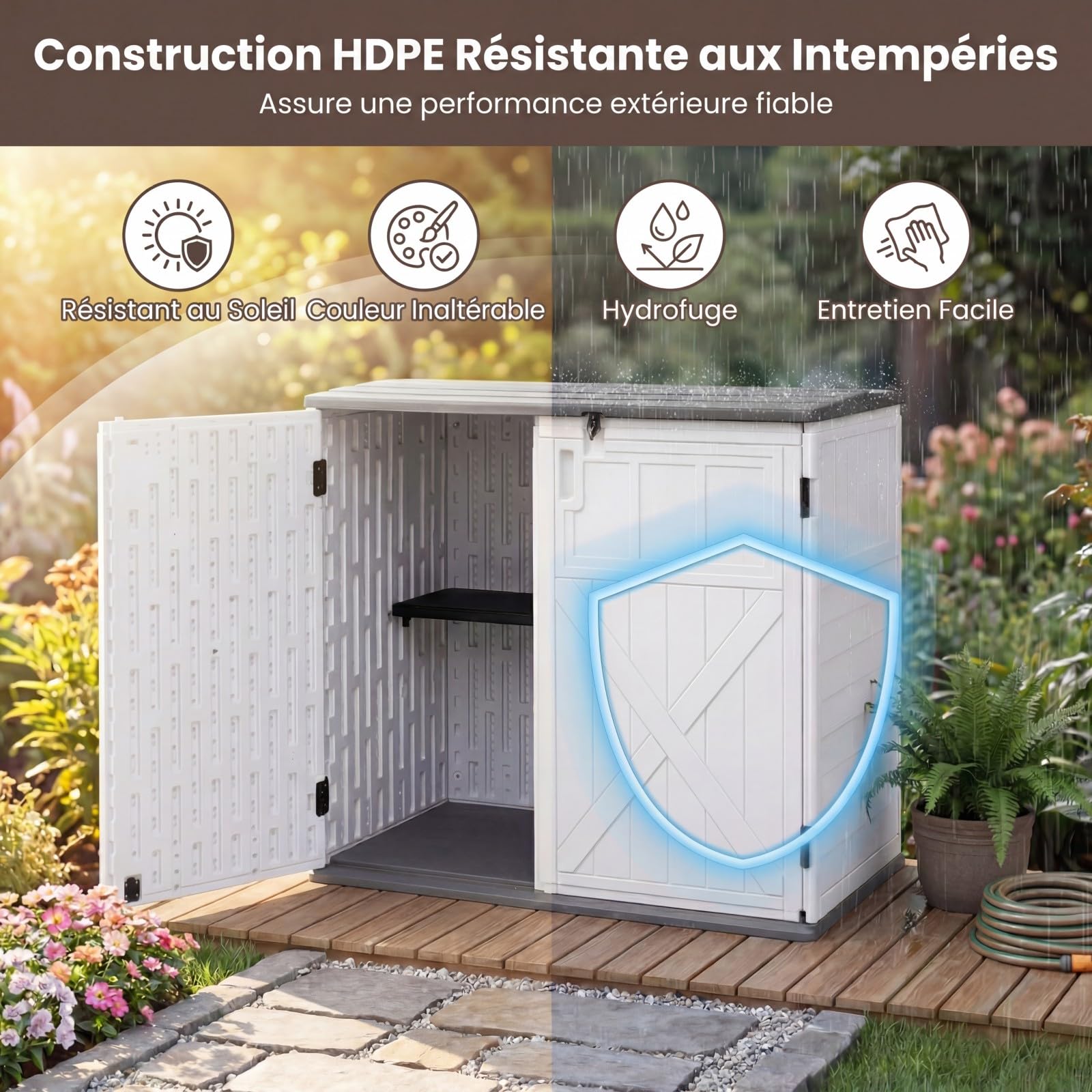 GYMAX Coffre de Rangement de Jardin Imperméable HDPE, 2 Étagères, Couvercle Relevable Verrouillable, Armoire Extérieure, 118 x 63 x 94 cm