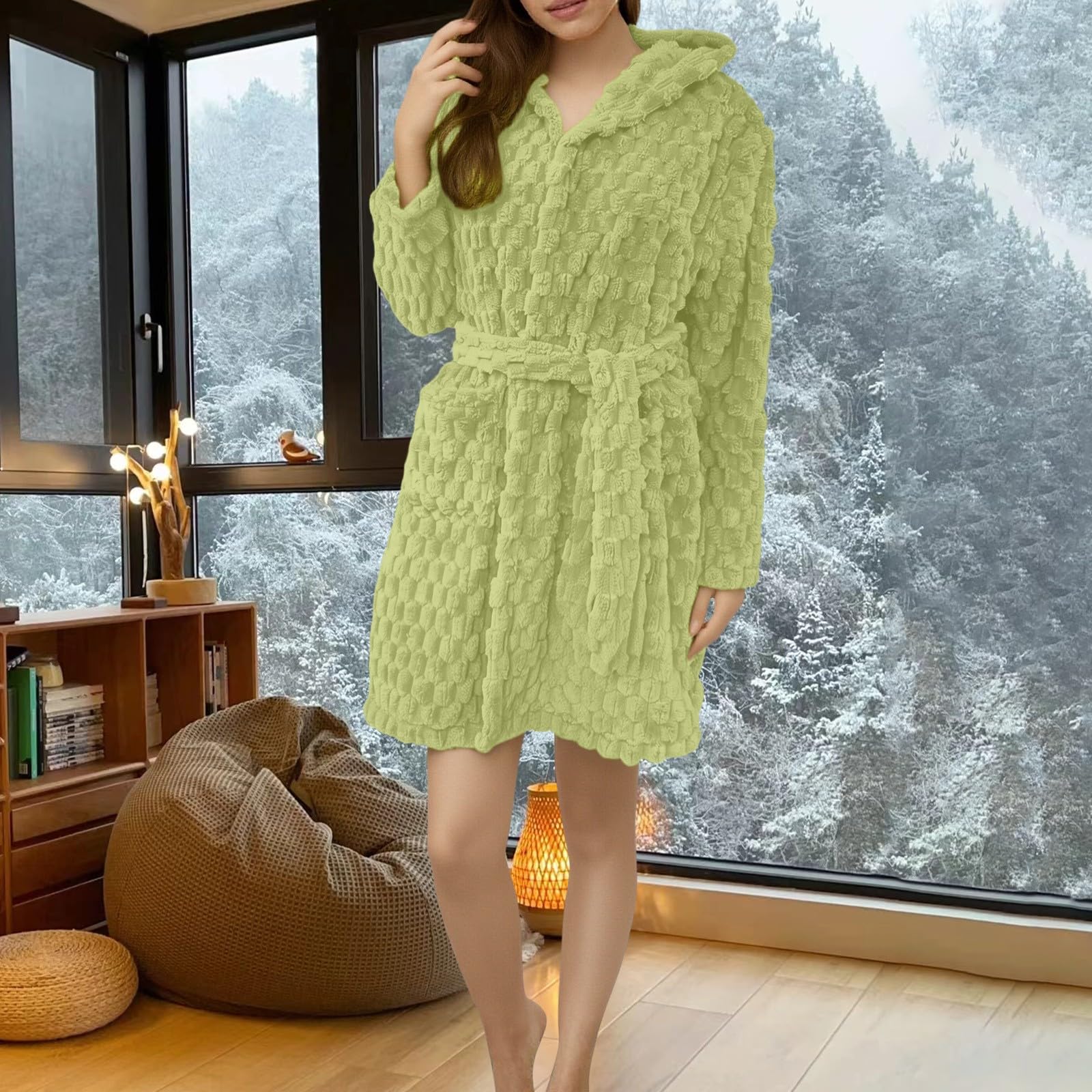 Albornoz cálido para mujer, de algodón, corto, de forro polar, con bolsillos, cinturones, cómodos, térmicos, ropa de dormir clásica, ropa de interior, batas con capucha