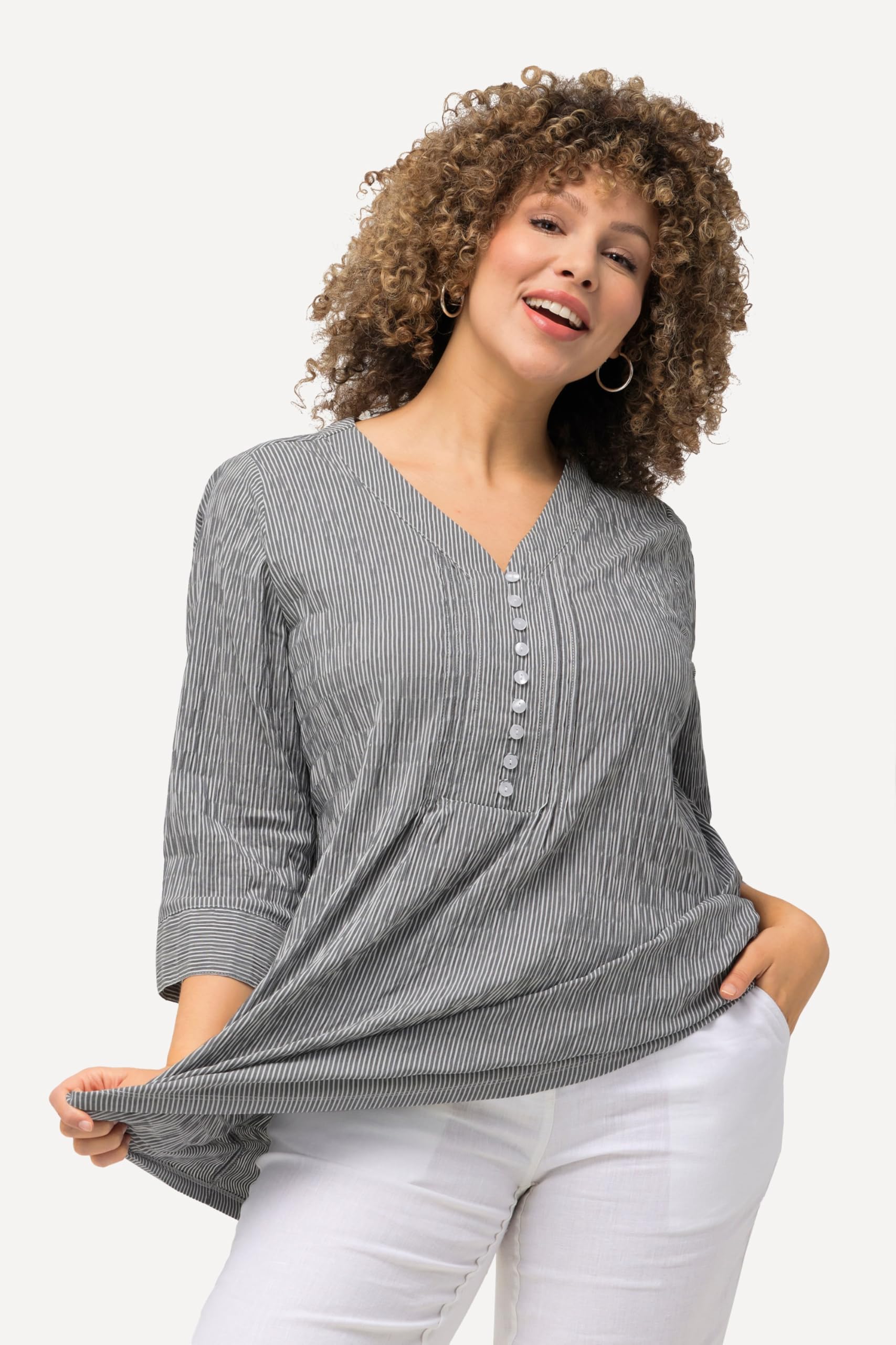 Ulla Popken Femme Grandes Tailles Tunique, Rayures, Structure crépon 797456
