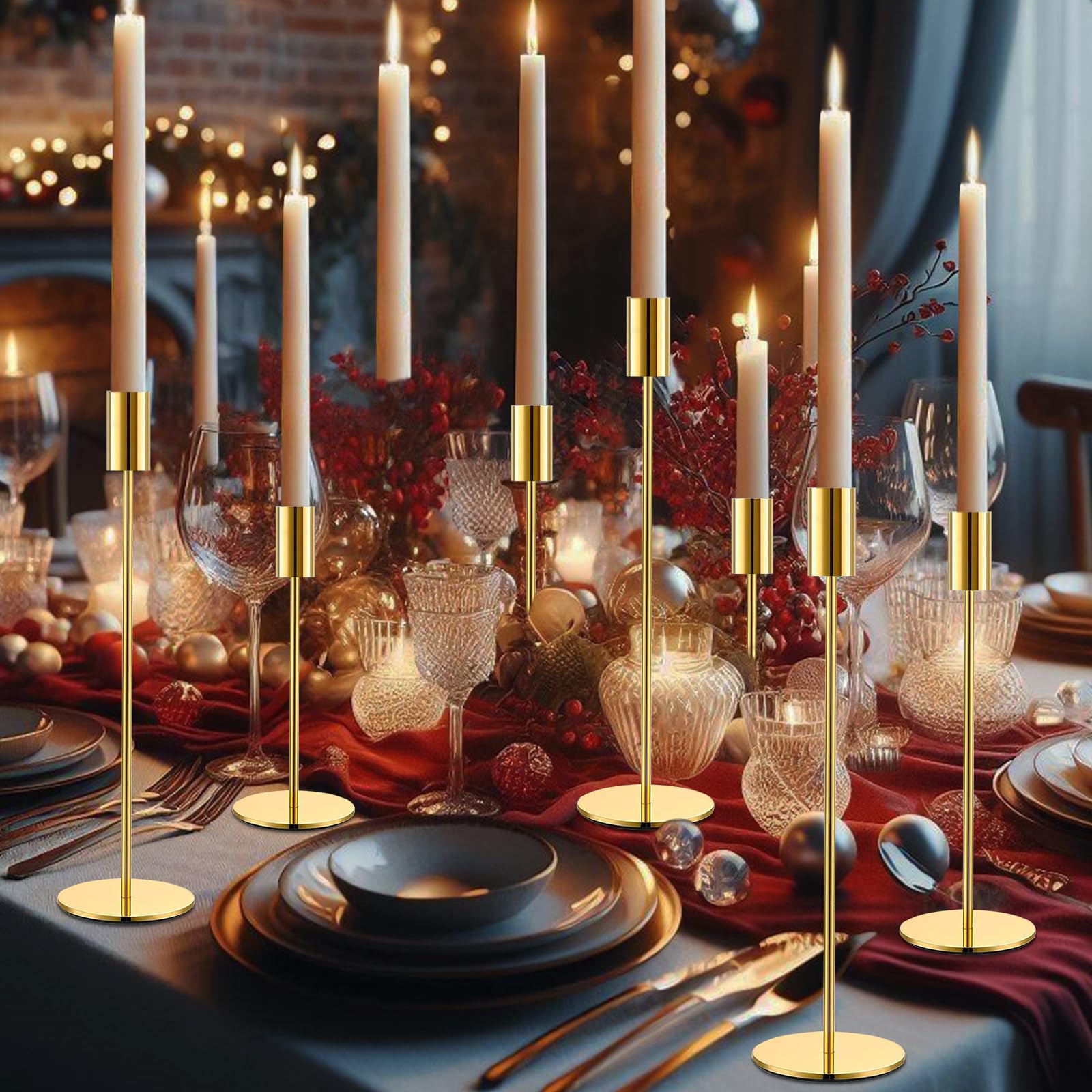 Portacandele in Metallo, Set di 9 Porta Candele da Tavolo 32/27/22cm, Centrotavola Portacandele Cono, per Candele Coniche da 2.2cm, Candelabro Moderno per Matrimoni, Natale, Cena a Lume