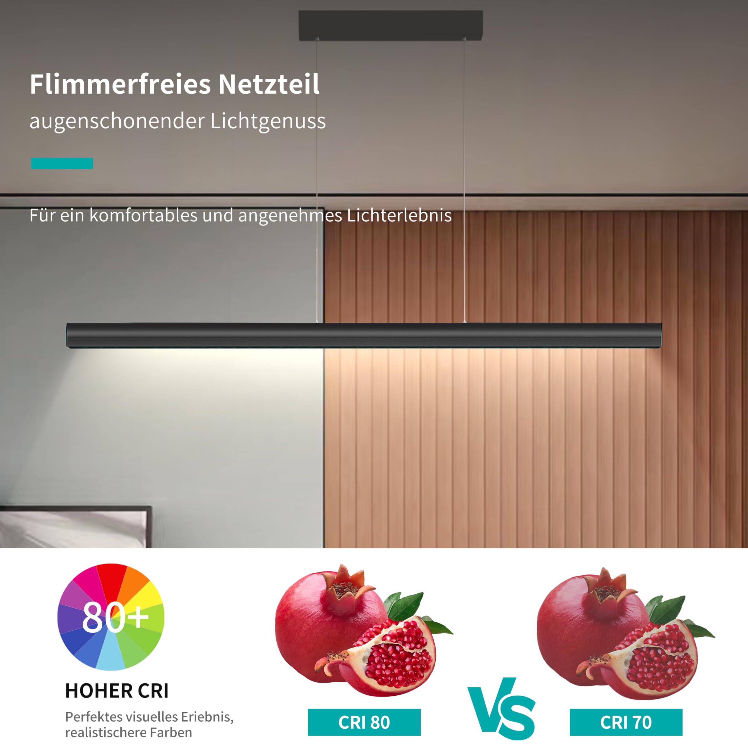 Pendelleuchte Esstisch 120cm, dimmbare Hängelampe mit Gestensteuerung, 10–100% Helligkeit & 3000K/4500K/6500K Farbtemperatur einstellbar, moderne Esstischlampe für Esszimmer, Büro