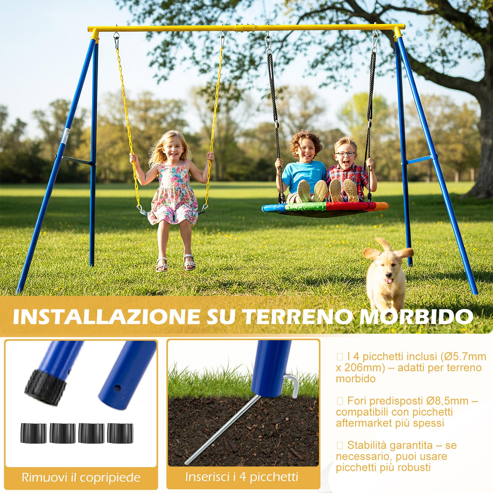 RELAX4LIFE Struttura per Altalena Doppia da Giardino con Portante 300kg, 2 Posti da Appendere, per Bambini e Adulti, Gioco Interno/Esterno, 4 Picchetti, Copripiedi e Moschettoni, Giallo e Blu
