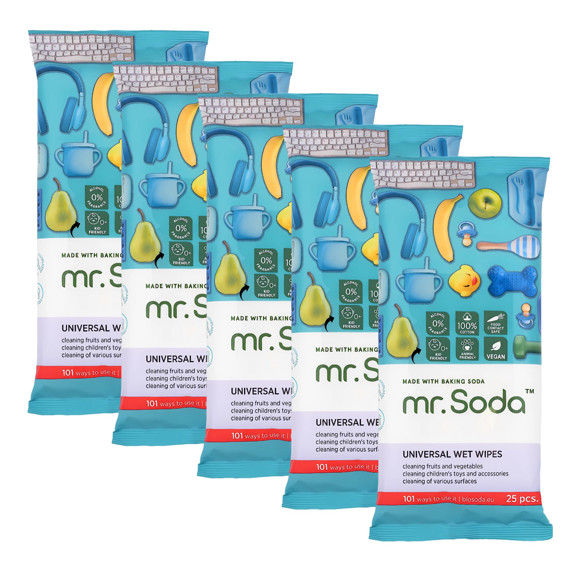 Mr. Soda Lebensmittelechte Feuchttücher – 80 Stück, 100% Baumwolle, Ohne Alkohol & Parabene – Für Obst, Geschirr & Kinderzeug