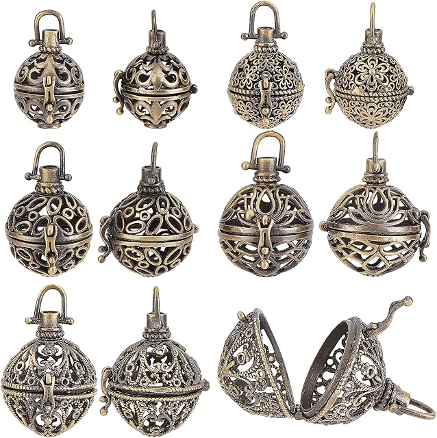 SUNNYCLUE 10Pcs 5 Styles Cage Charms Spiral Spring Bead Hollow Cages Pendants Brass Locket Charm for DIY Lava Stone Beads Gemstone Necklaces Bracelet Jewellery Making Supplies