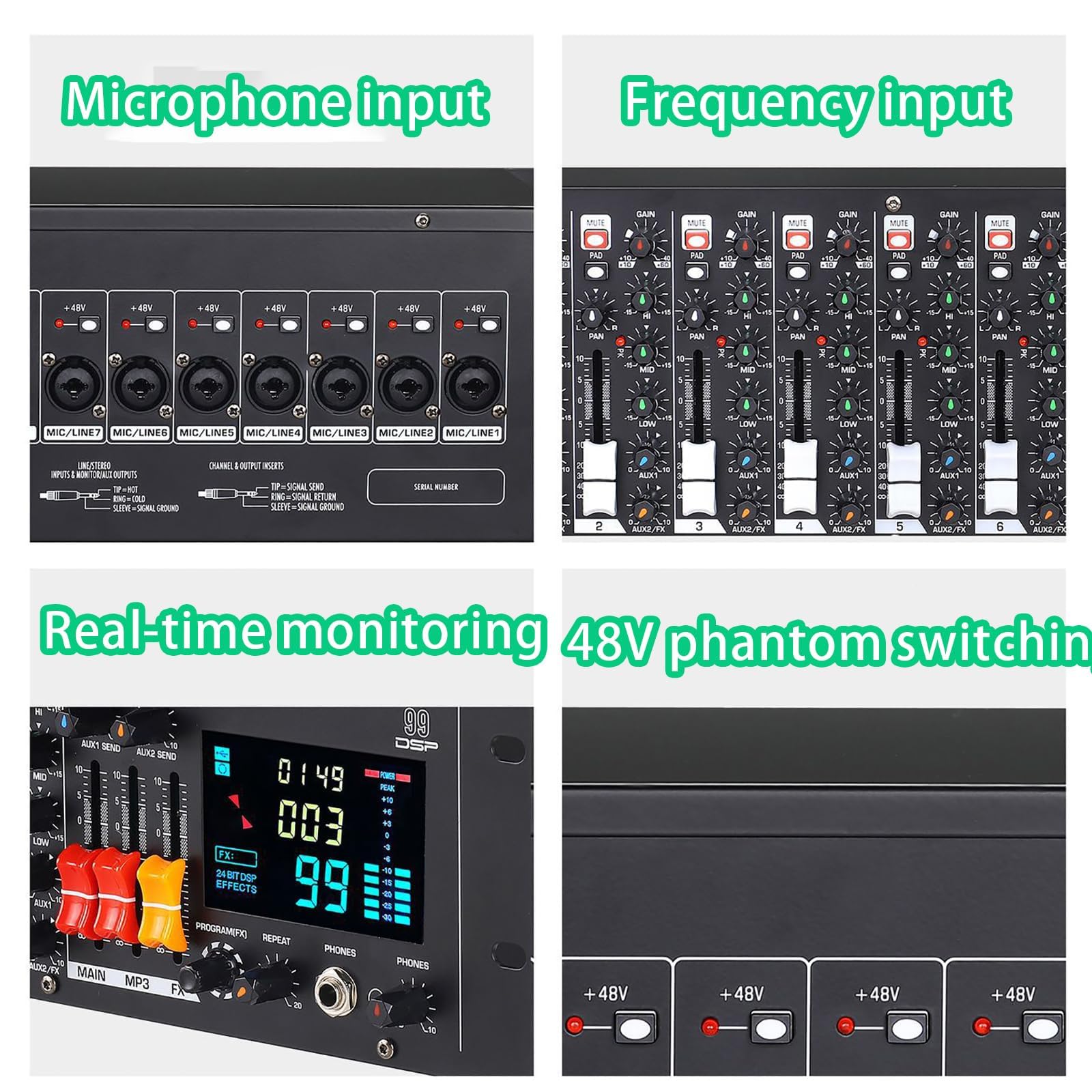 Mezclador estéreo profesional de montaje en rack con procesador de efectos digitales, 99 efectos, alimentación fantasma de 48 V para grabación de estudio