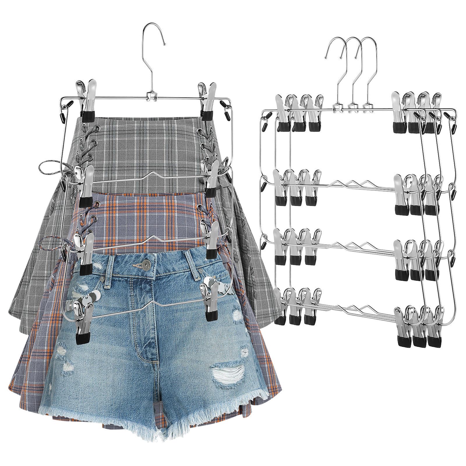 USHOBE 4 Pezzi Appendini Gonne e Pantaloni Salvaspazio in Acciaio ad Alto Manganese con Clip Antiscivolo Design Multistrato per Organizer Armadio