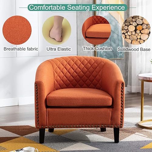 Miniatura 27 de Goujxcy Sillón de barril estilo club para sala de estar, acogedora y moderna silla de microfibra con cabeza de clavos y patas de madera maciza para