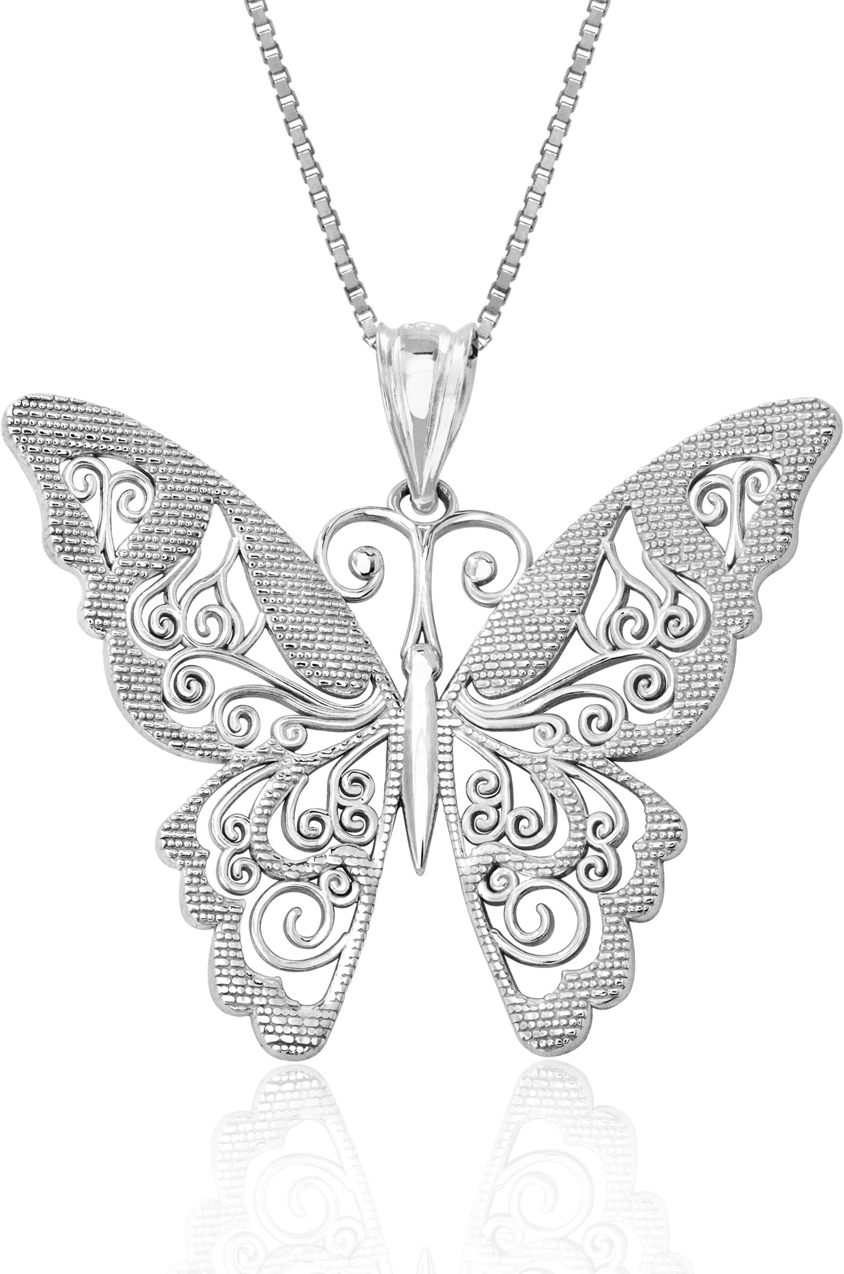 Sterling Silver Filigree Butterfly Necklace Pendant with 18" Box Chain