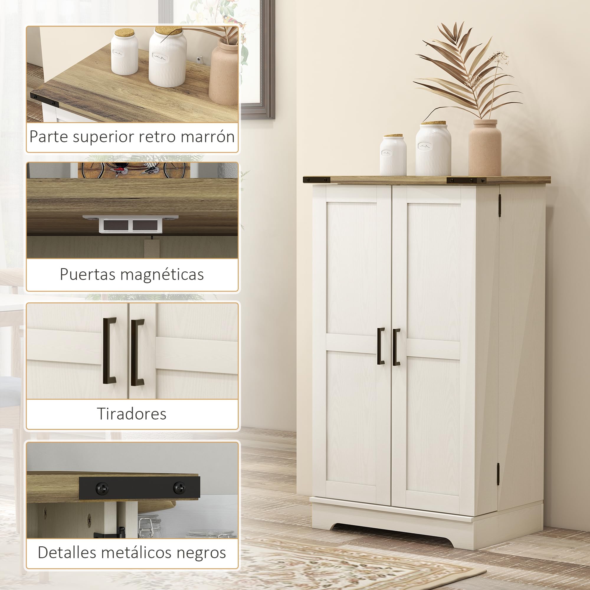 HOMCOM Armadio dispensa cucina armadio da cucina con 2 ante e 16 ripiani dispensa rustica con ripiano regolabile per sala da pranzo soggiorno 60x40x104 cm crema