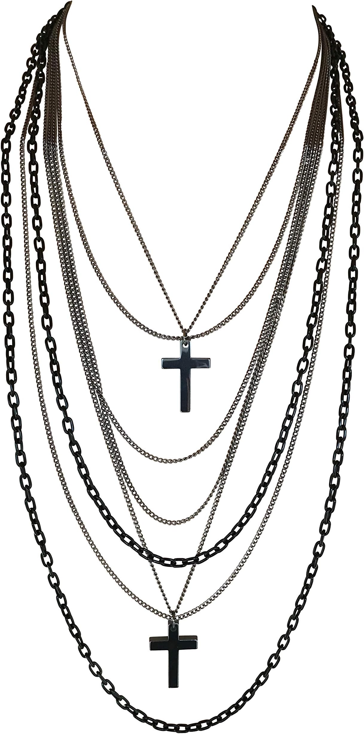 DragonWeave Jewelry Deluxe Gothic 80s Madonna Retro Multilayer Gunmetal Crosses Long Multi Strand Black Chain Necklace