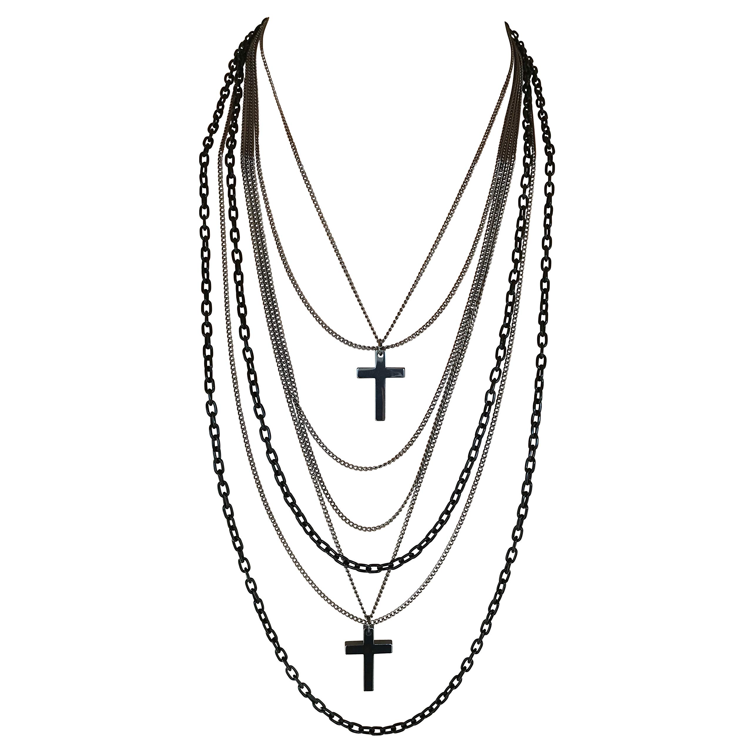 DragonWeave Jewelry Deluxe Gothic 80s Madonna Retro Multilayer Gunmetal Crosses Long Multi Strand Black Chain Necklace