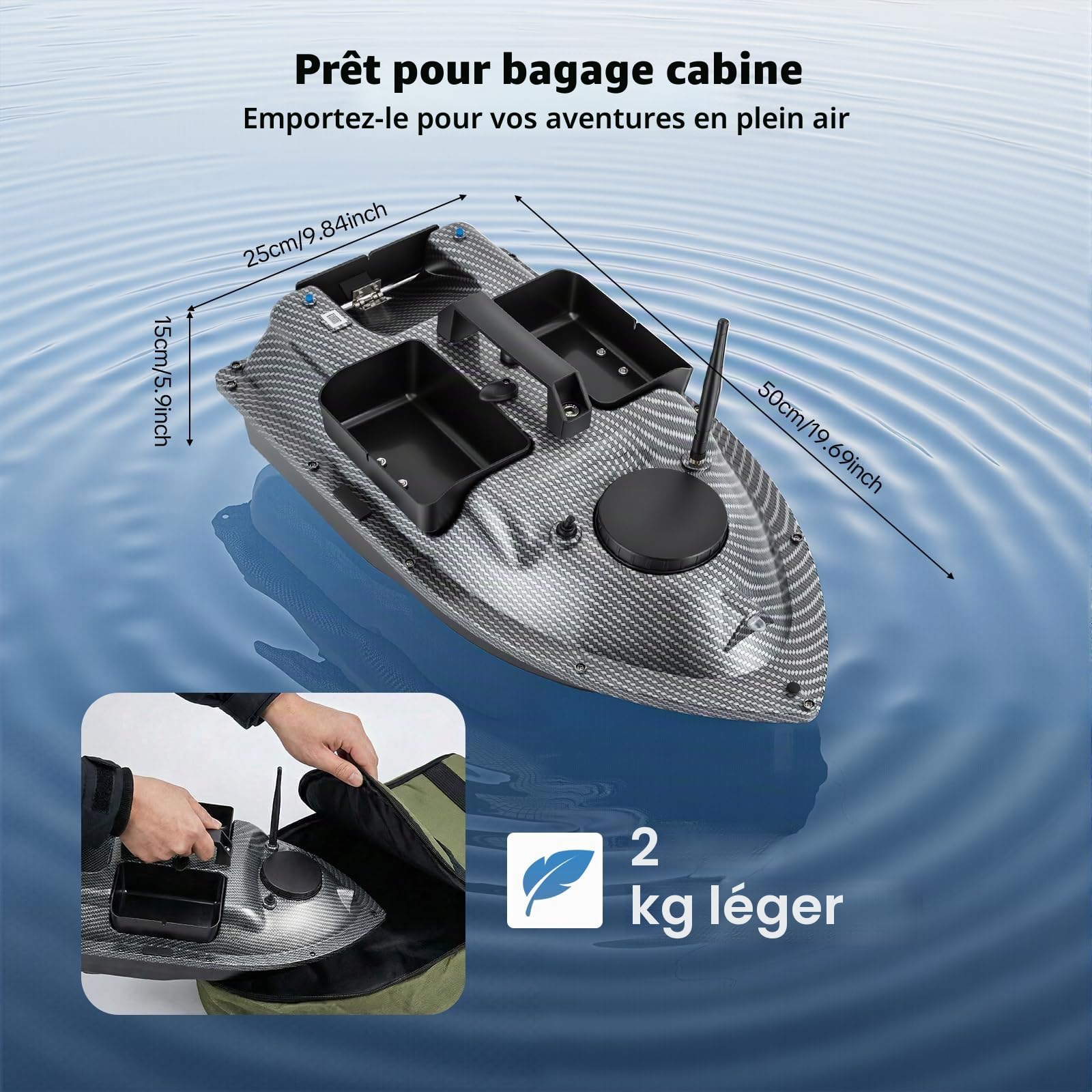 Bateau télécommandé, 600 m, Bateau de pêche avec GPS, capacité de Charge de 2 kg, 40 Points de positionnement, Moteurs Doubles, Bateau d'alimentation RC pour rivières, Lacs et Mers