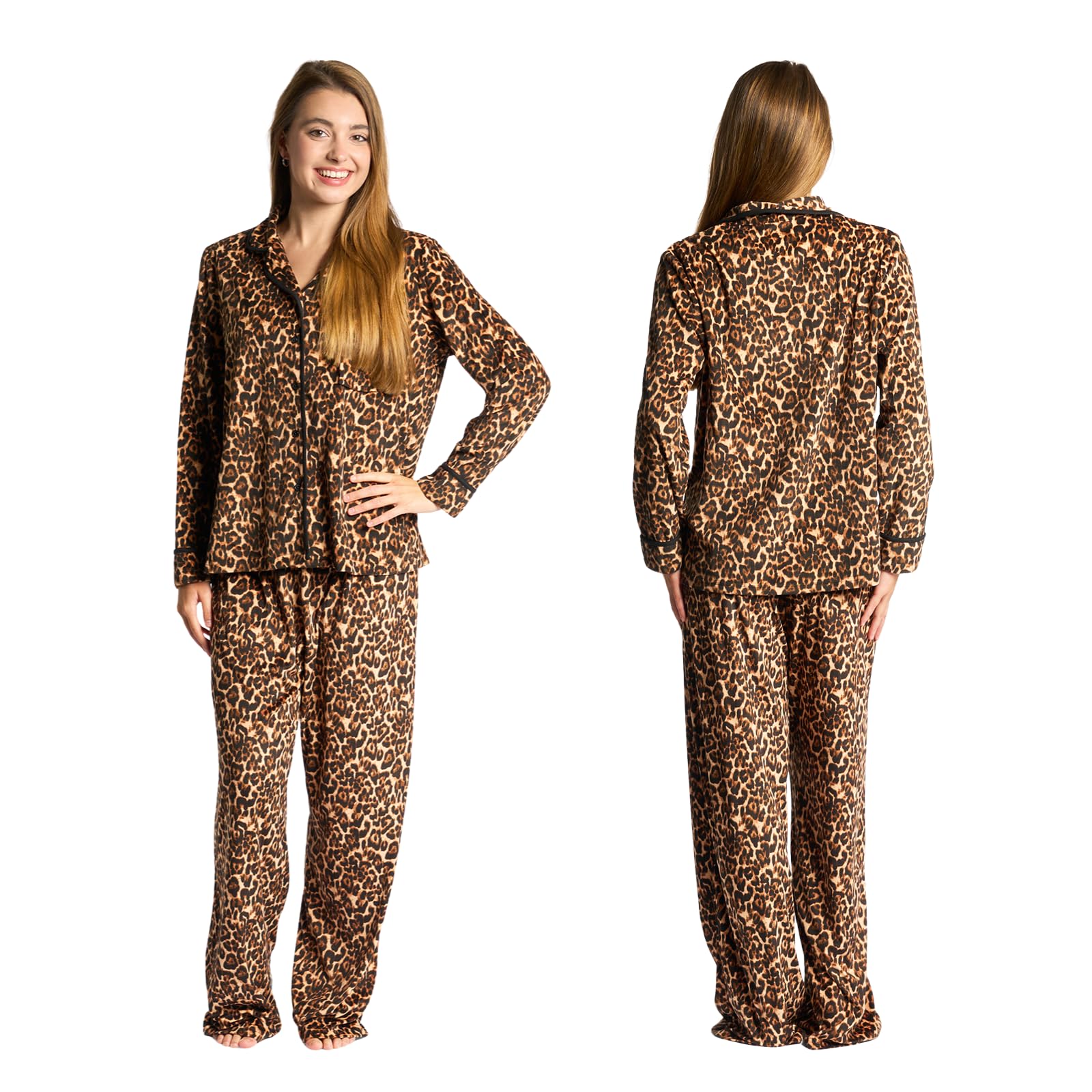 OHS Leopard Print Button Through Winter Pyjama Set Loungewear - Womens - Natural - L/XL
