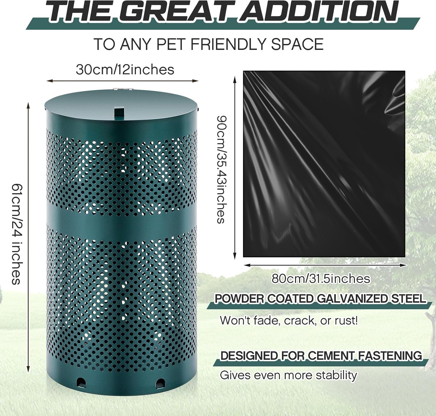 Dog Waste Station Outdoor Round 10 Gallon Dog Poop Trash Can with Lid and 100 Liner Bags, Rustproof UV Powder Coated - Designed to Mount on Wall Post (Green)