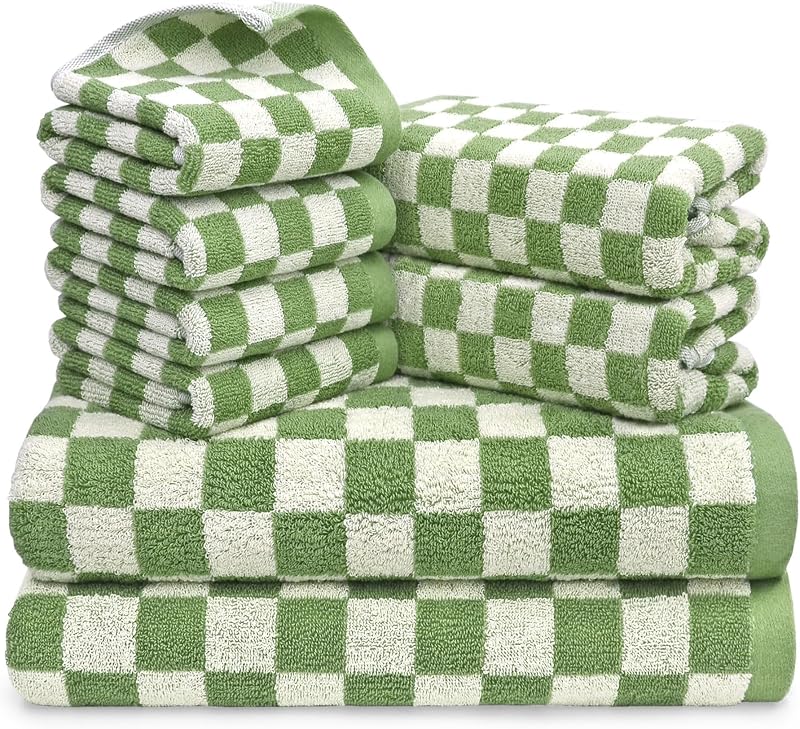 Jacquotha Green Checkered Towels Set of 8, Cotton Towels for Bathroom | 2 Bath, 2 Hand, 4 Washcloths, Soft Absorbent Quick Dry