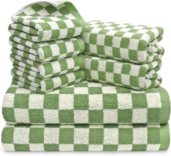 Jacquotha Green Checkered Towels Set of 8, Cotton Towels for Bathroom, 2 Bath, 2 Hand, 4 Washcloths, Soft Absorbent Quick Dry Gifts