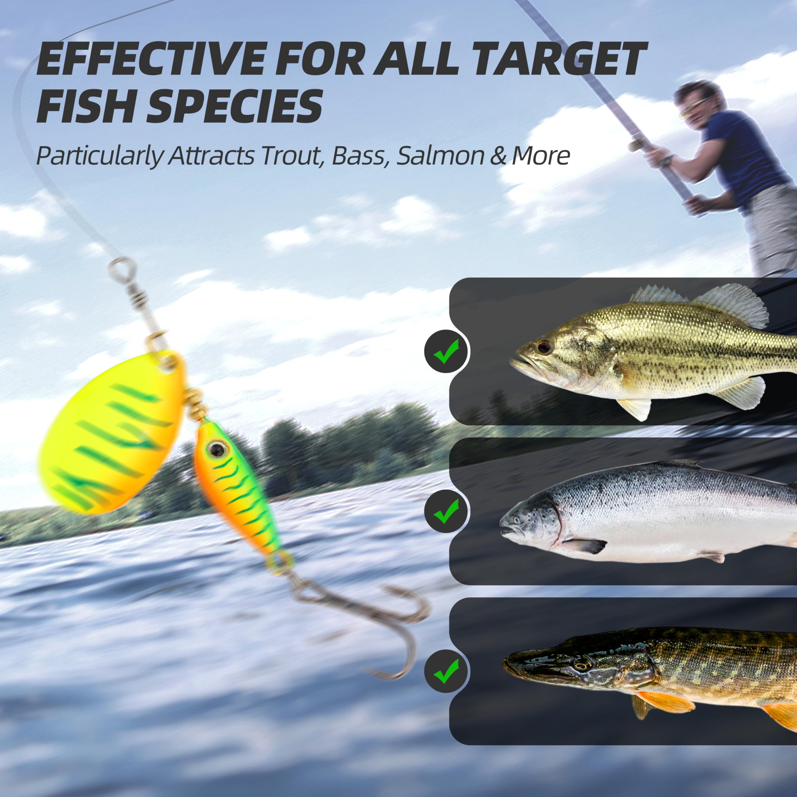 Inline Spinner Bait – Esche a forma di pesce Spinnerbait confezione da 5, rotazione a 360° con lame riflettenti, perfette per pesca d'acqua dolce e salata, bersaglio spigola, trota, luccio, pesce