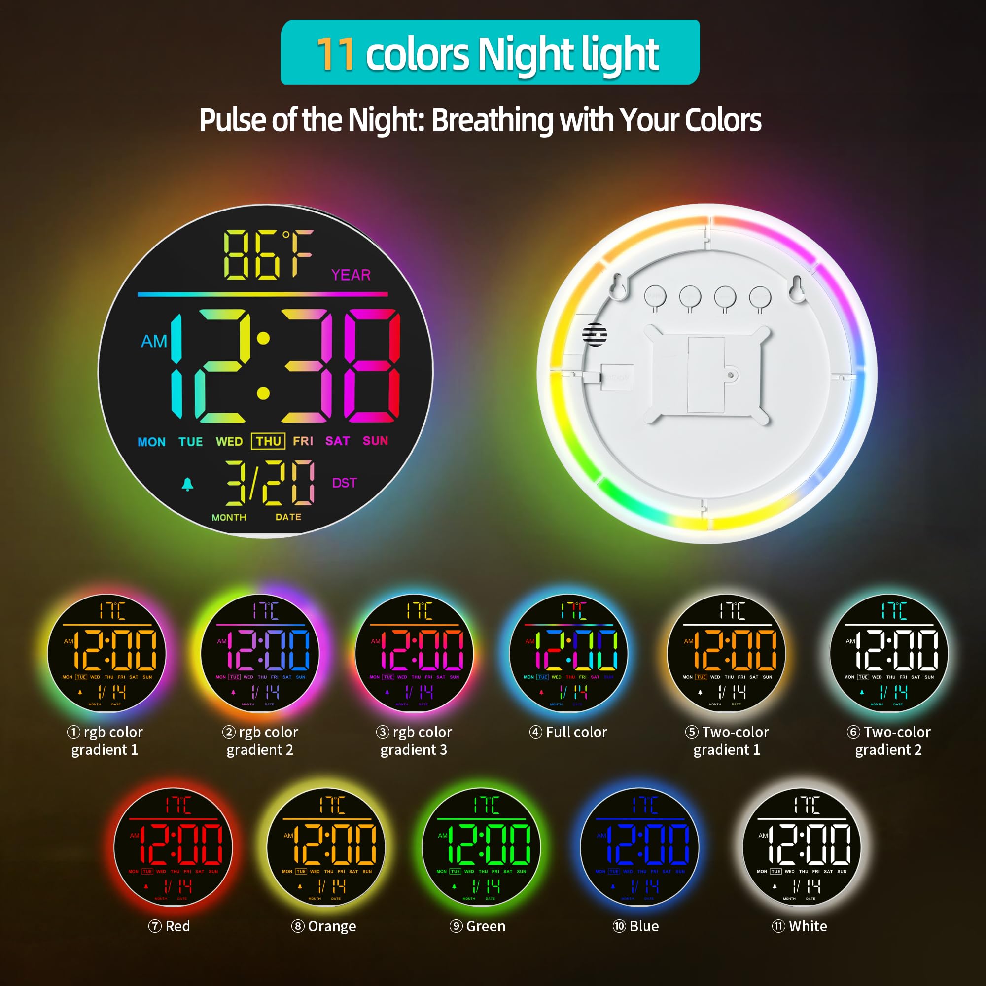 Maxstar 10" Horloge Murale Ronde Digitale avec Télécommande - Affichage Numérique LED - Grand Écran LED RGB, Luminosité Auto, Thermomètre, Alarme - Décor Salon/Chambre/Cuisine - Noir