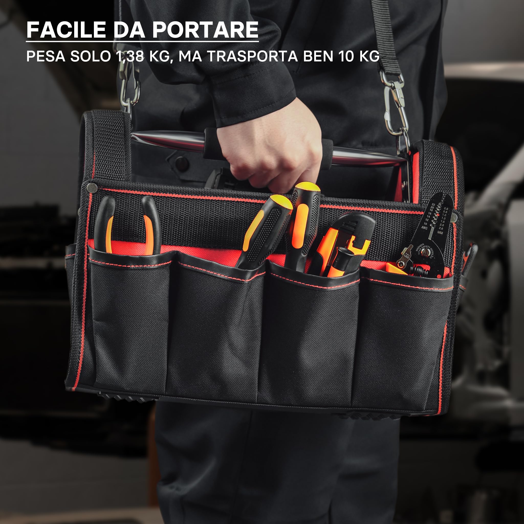 Borsa portautensili XL con scomparti interni ed esterni tracolla regolabile e maniglia di trasporto