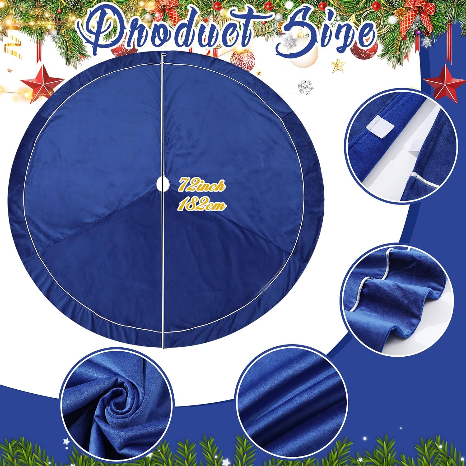 72 Inch Blue Tree Skirt for 7.5-12 Ft Tree Christmas Blue Velvet Fur Plush Luxury Tree Skirt Large for Merry Christmas Trees Decorations Vintage Xmas Holiday Party Winter Home Decoration