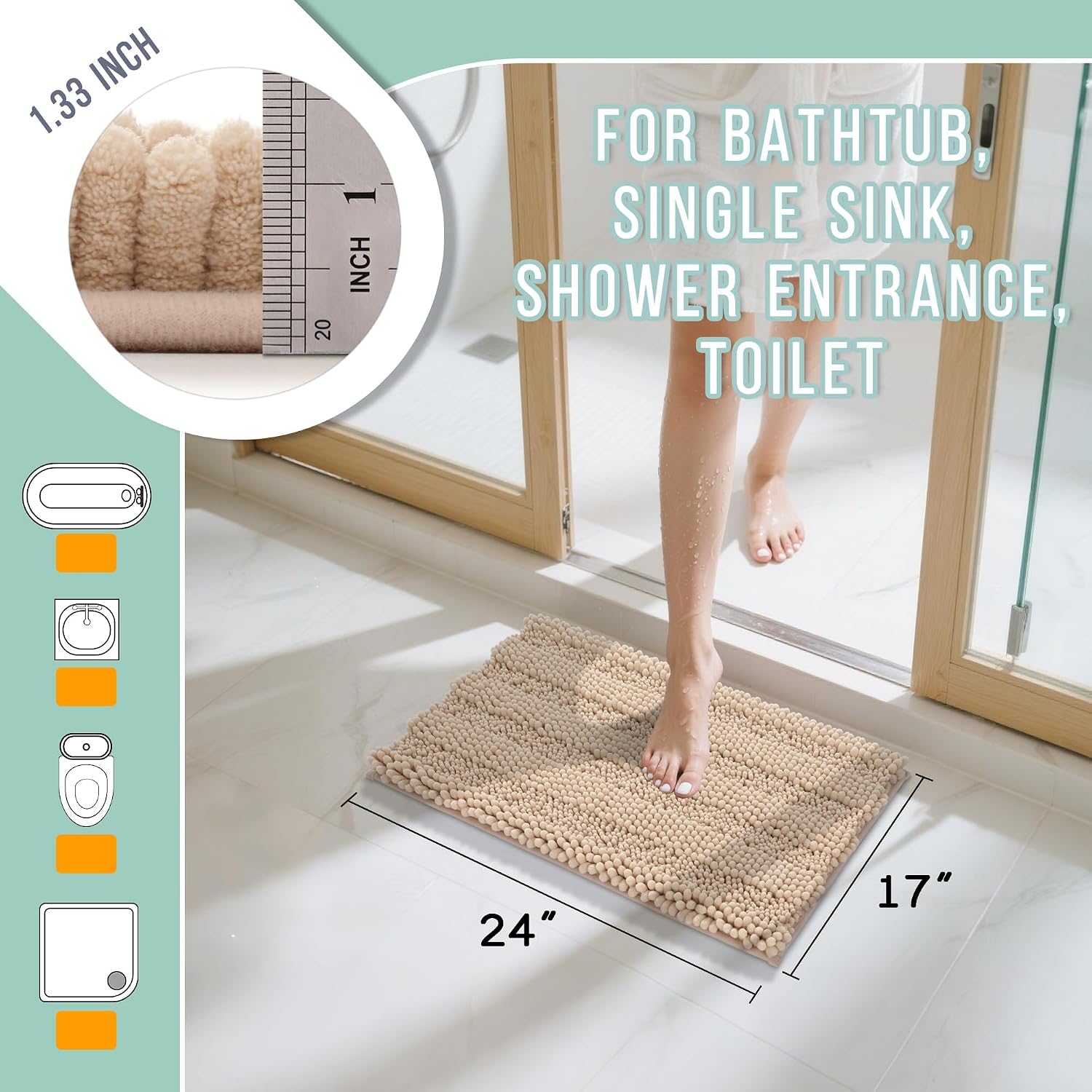 Yimobra Bathroom Rug Mat, Non Slip and Super Absorbent Bath Mat, Machine Washable Quick Dry, Ultra Plush Chenille Shower Rugs for Bathroom Floor Sink Tub and Shower Outside, Beige, 24 x 17 image 2