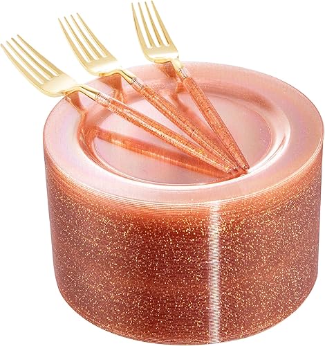 Miniatura 1 de LIYH - 96 platos de plástico dorado rosa, tenedores de postre de plástico dorado, 48 platos de ensalada de plástico con purpurina dorada con 48