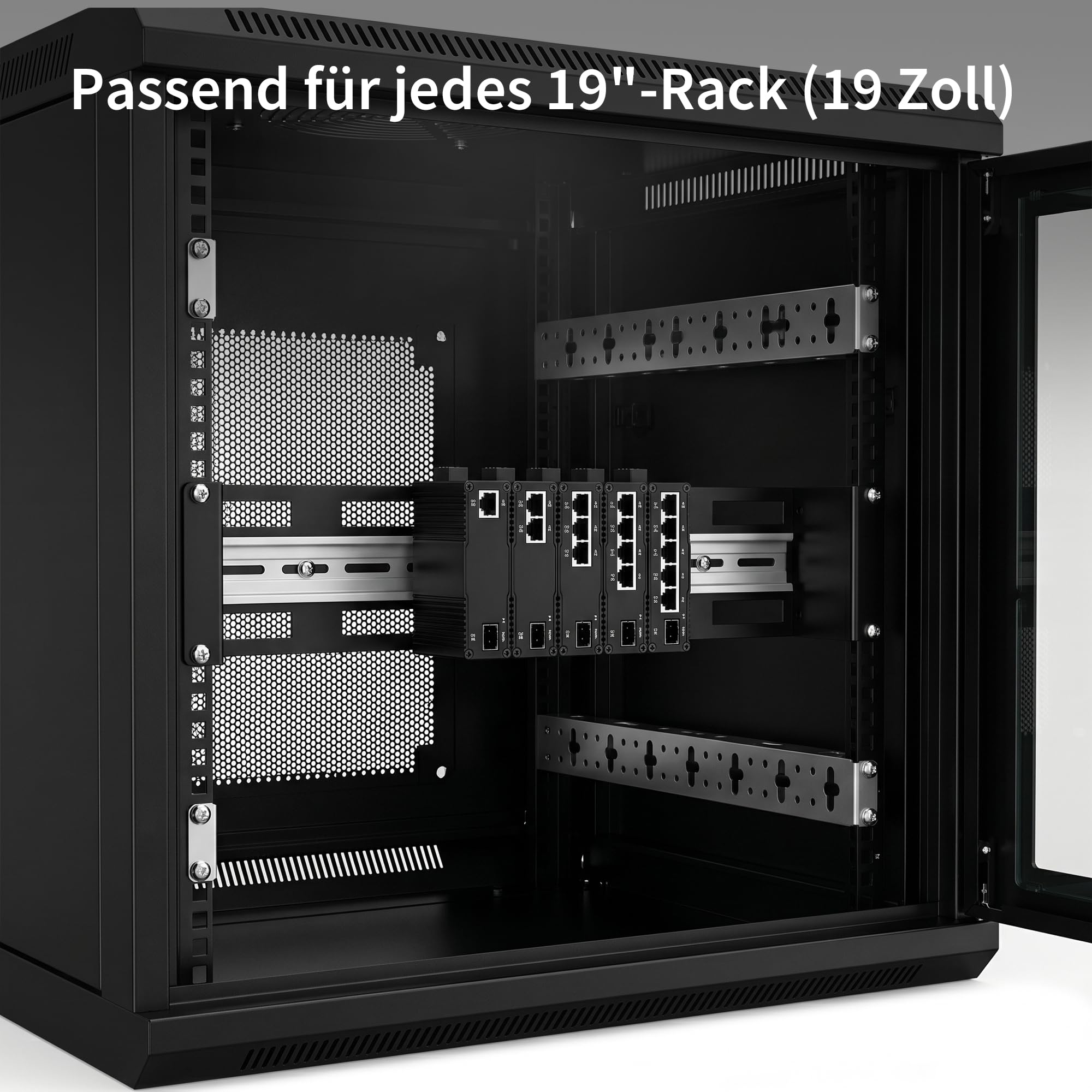 Hutschienenträger 19 Zoll 2 HE, Tiefe verstellbar 48–174 mm