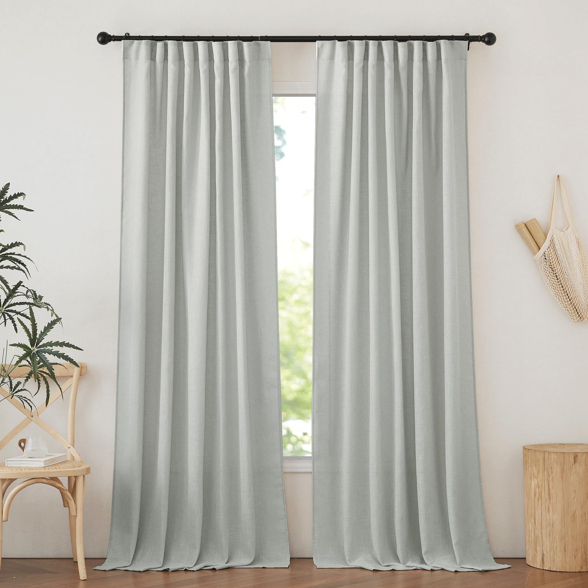 NICETOWN Linen Grey Curtains 84 inches Length 2 Panels Set, Rod Pocket & Back Tab Flax Linen Burlap Semi Sheer Eclectic Drapes Privacy with Light Filtering for Bedroom/Living Room, 52 x 84 inch