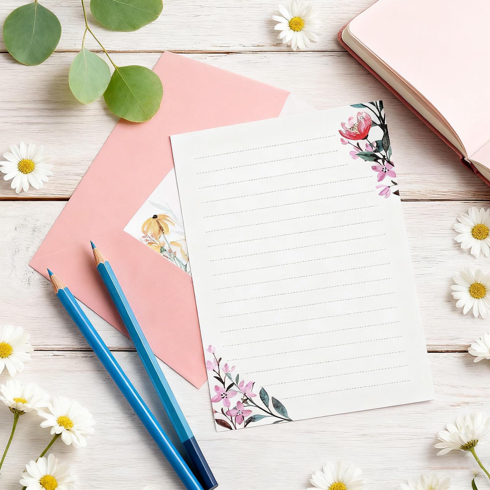 37-teiliges Briefpapier-Umschläge-Set enthält 24 linierte Briefpapiere und 12 Umschläge mit 48 runden Aufklebern, warmes Blumen-Thema, Briefpapier-Set für Hochzeitseinladungen, Wünsche, Blumen (6