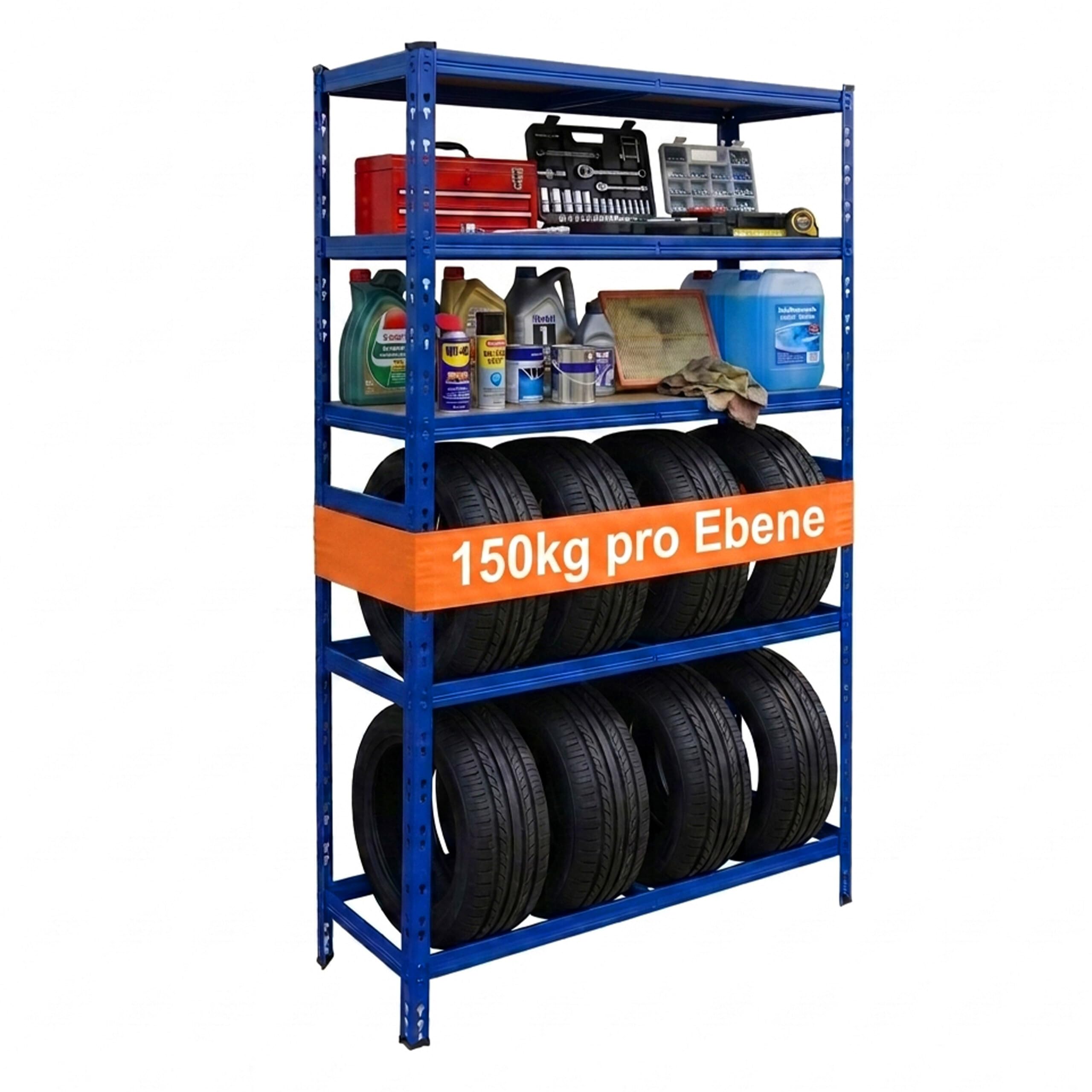 Relaxdays Reifenregal für 8 Reifen, HxBxT 210 x 110 x 40 cm, 750 kg, Stahl, Stecksystem, Reifenlager Werkstatt, blau