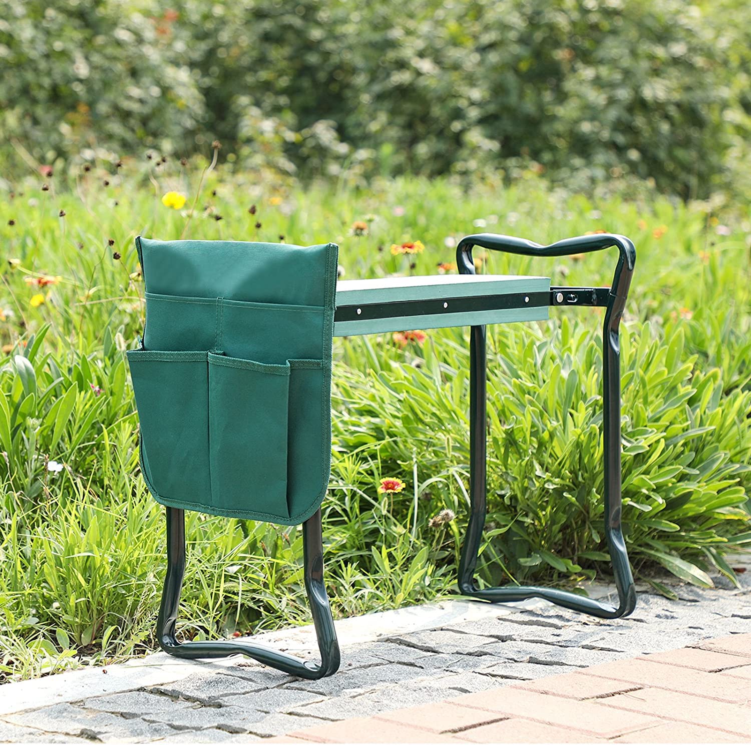 Tabouret de Jardin, Banc Agenouilloir de Jardinage 2 en 1 avec coussin en mousse EVA pour Protege Genoux, Pliable siège de jardin Avec sac à outils, 60 x 50 x 28 cm Vert, Charge maximale 150 kg