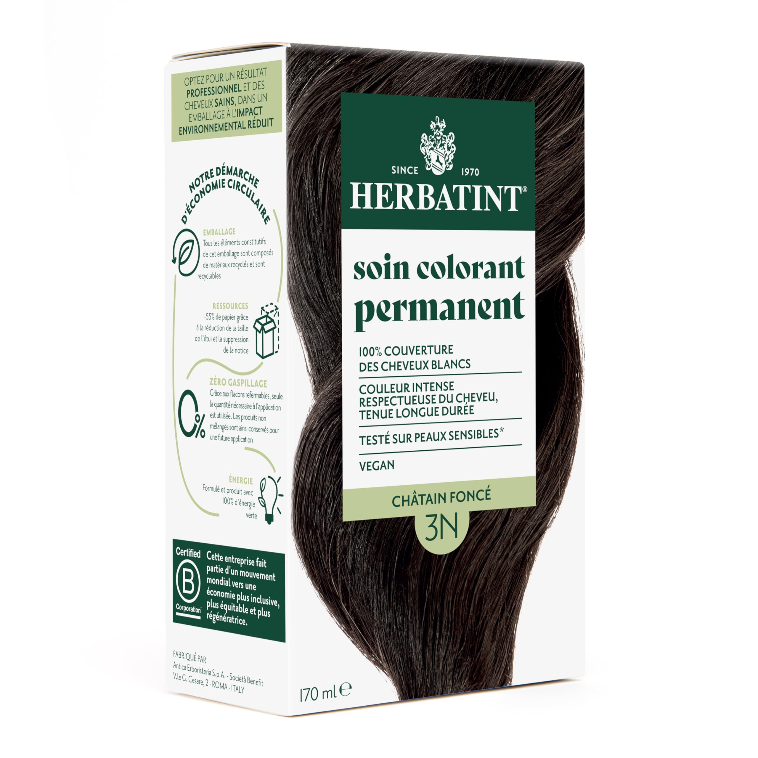 Herbatint Soin Colorant Permanent Cheveux 3N Châtain Foncé - 170 ml | Sans Ammoniaque, 100% Couverture des Cheveux Blancs | Testé Dermatologiquement pour Peaux Sensibles, avec 8 Extraits Végétaux Bio